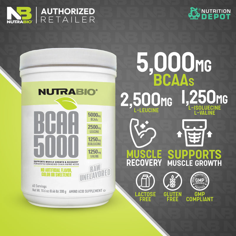 Nutrabio BCAA 5000 Powder - 60 Servings กรดอมิโนป้องกันการสลายตัวของกล้ามเนื้อ
