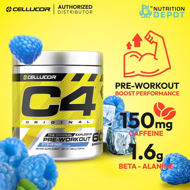 Cellucor C4 Original 60 Servings - Icy Blue Razz (Pre-Workout) กรดอมิโนเพิ่มแรงในการออกกำลังกาย