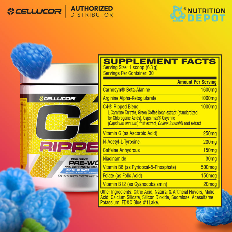 Cellucor C4 Ripped 30 Servings - Icy Blue Raspberry กรดอมิโนเพิ่มแรง + ลดไขมัน