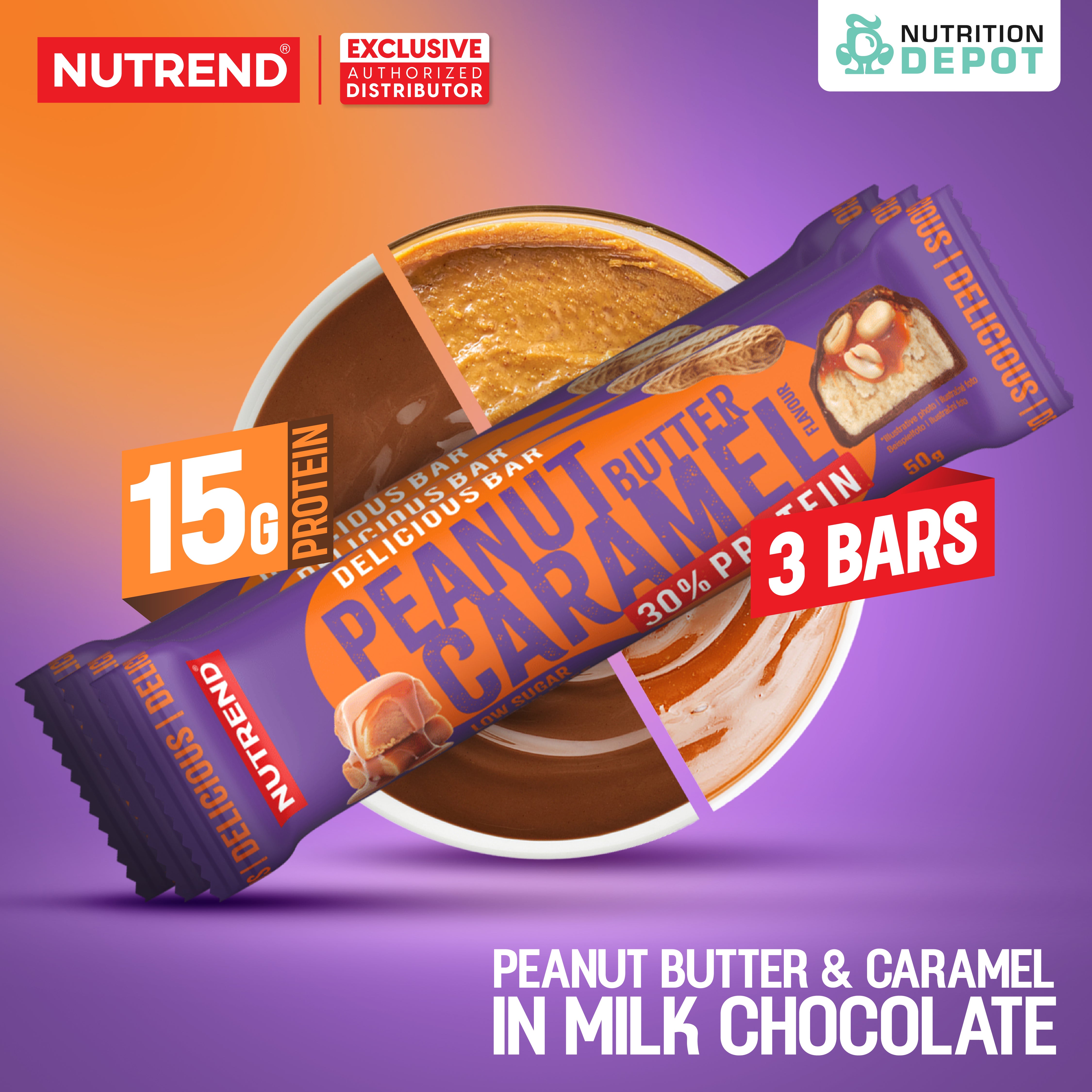 ( BBF 26 Feb/26)โปรตีนบาร์ Nutrend Delicious Bar - Peanut Butter & Caramel in Milk Chocolate (3 Bars)