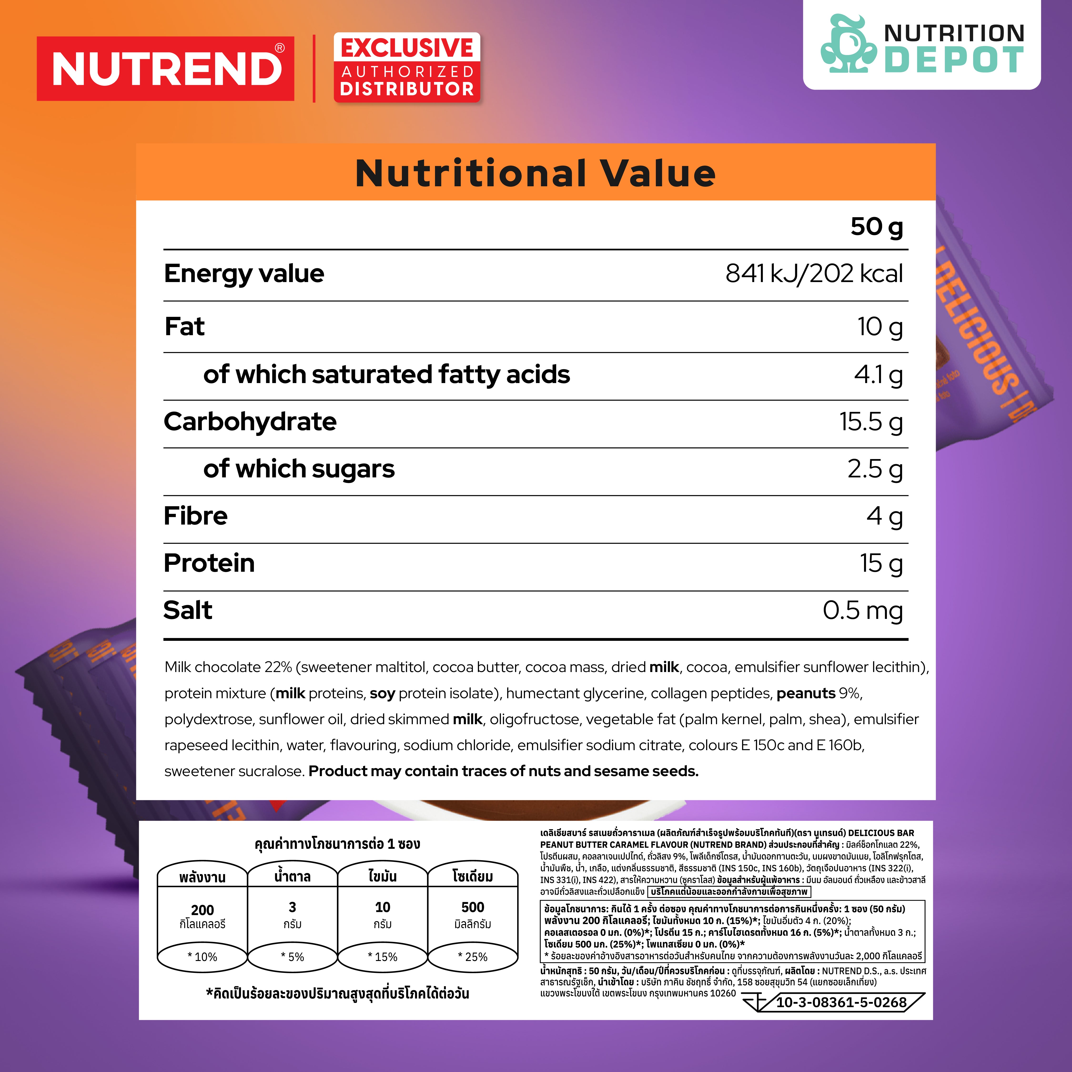 ( BBF 26 Feb/26)โปรตีนบาร์ Nutrend Delicious Bar - Peanut Butter & Caramel in Milk Chocolate (3 Bars)