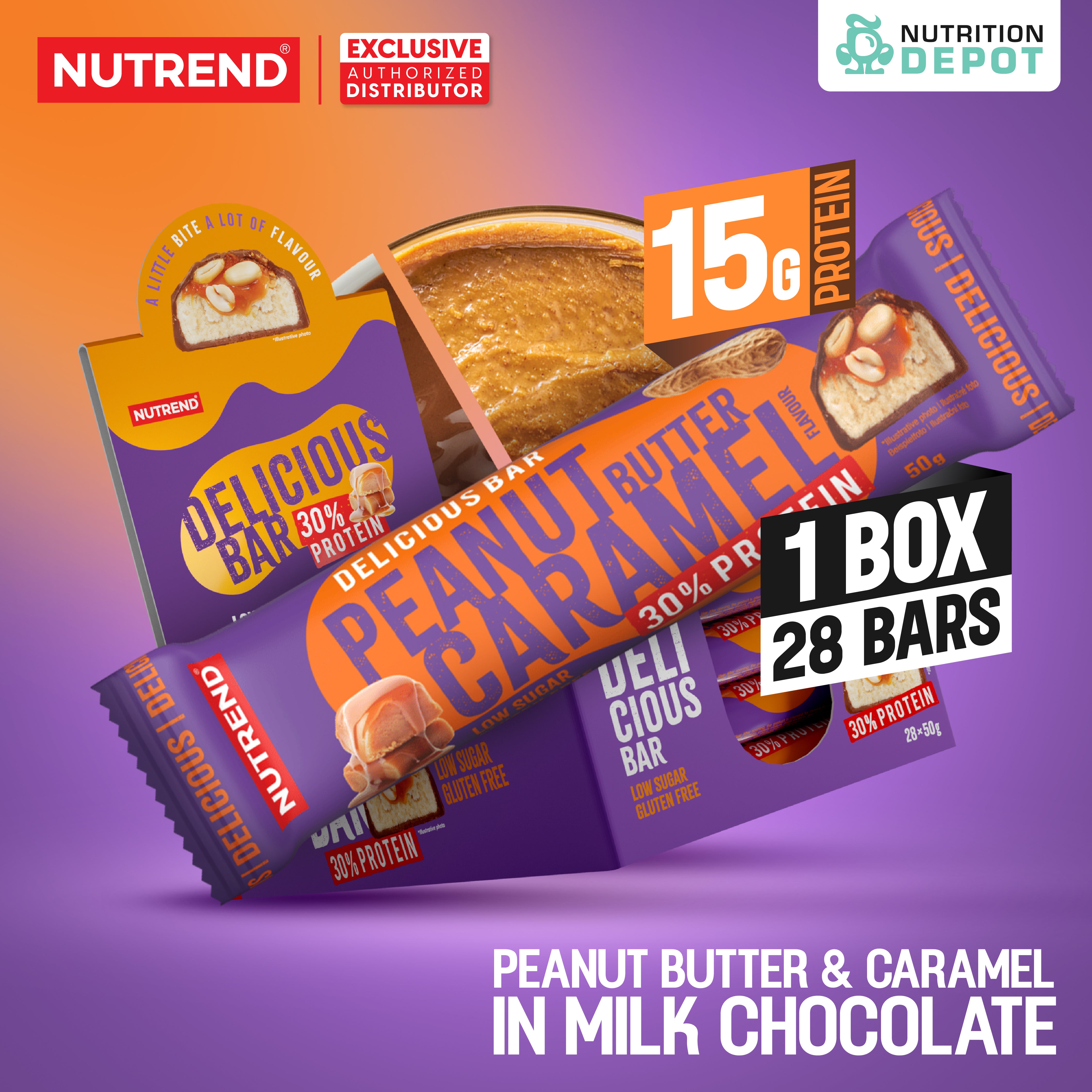 (BBF26 Feb/26) โปรตีนบาร์ Nutrend Delicious Bar - Peanut Butter & Caramel in Milk Chocolate (1 Box / 28 Bars)
