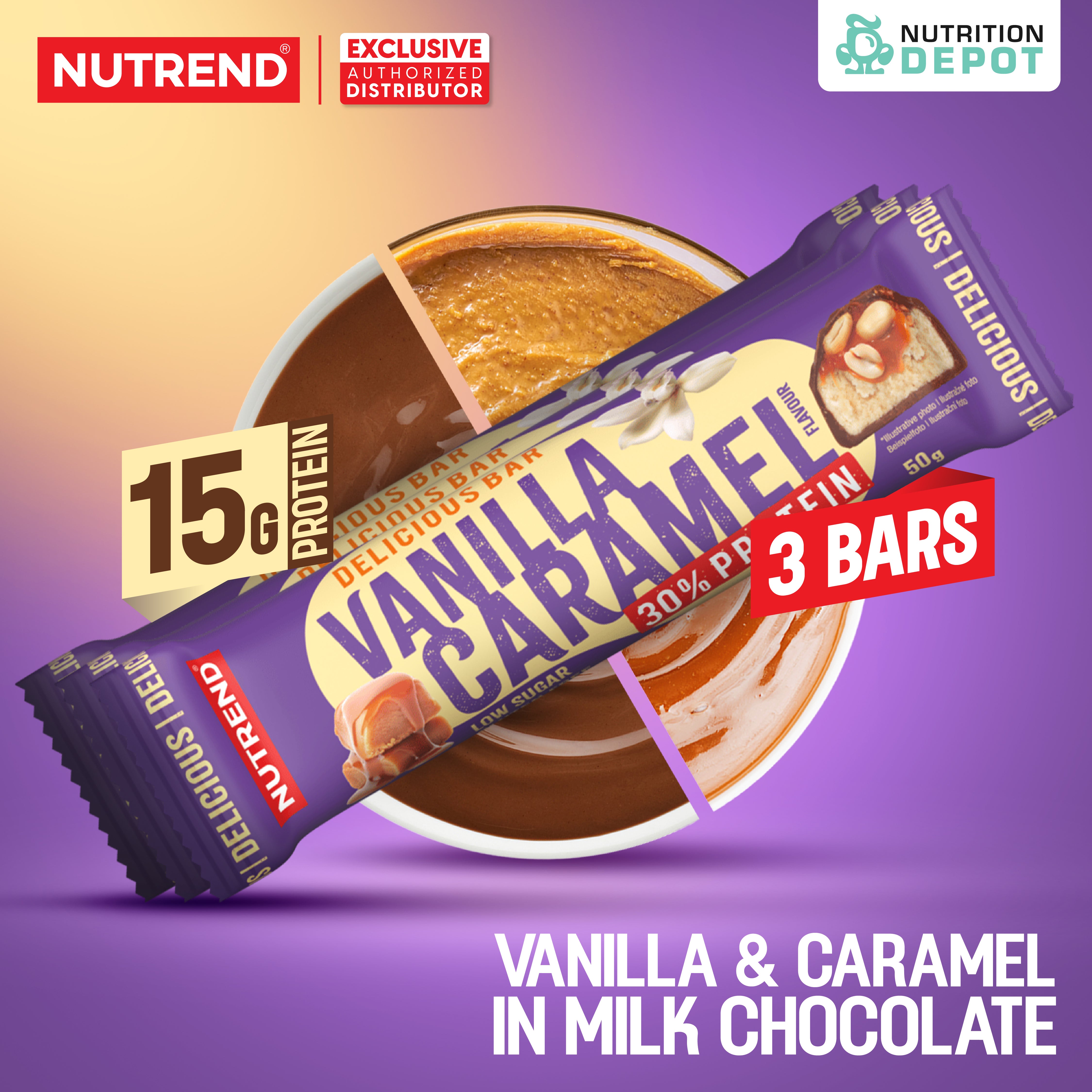 ( BBF 24 FEB/26)โปรตีนบาร์ Nutrend Delicious Bar - Vanilla & Caramel in Milk Chocolate (3 Bars)