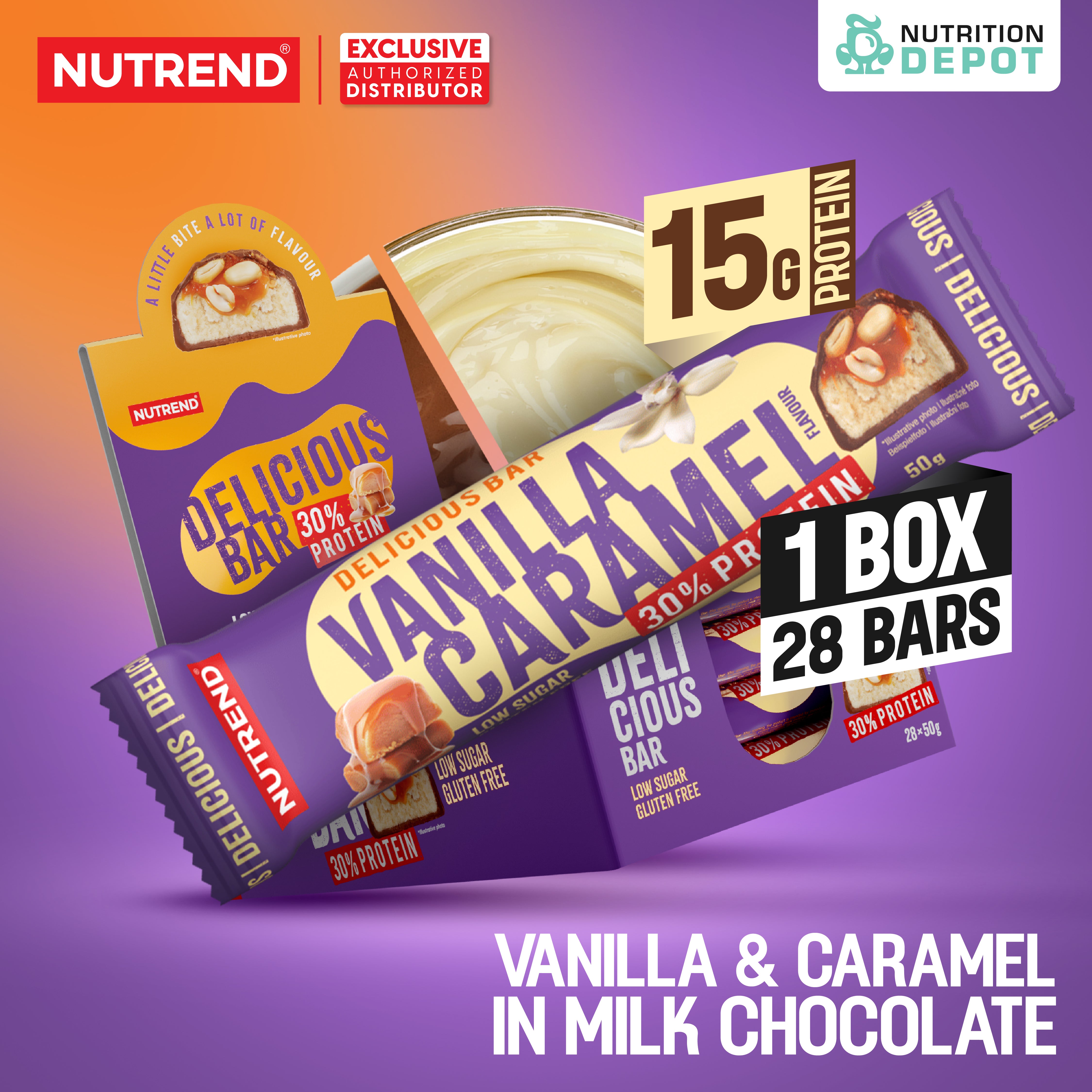 (BBF24 Feb/26)โปรตีนบาร์ Nutrend Delicious Bar - Vanilla & Caramel in Milk Chocolate (1 Box / 28 Bars)