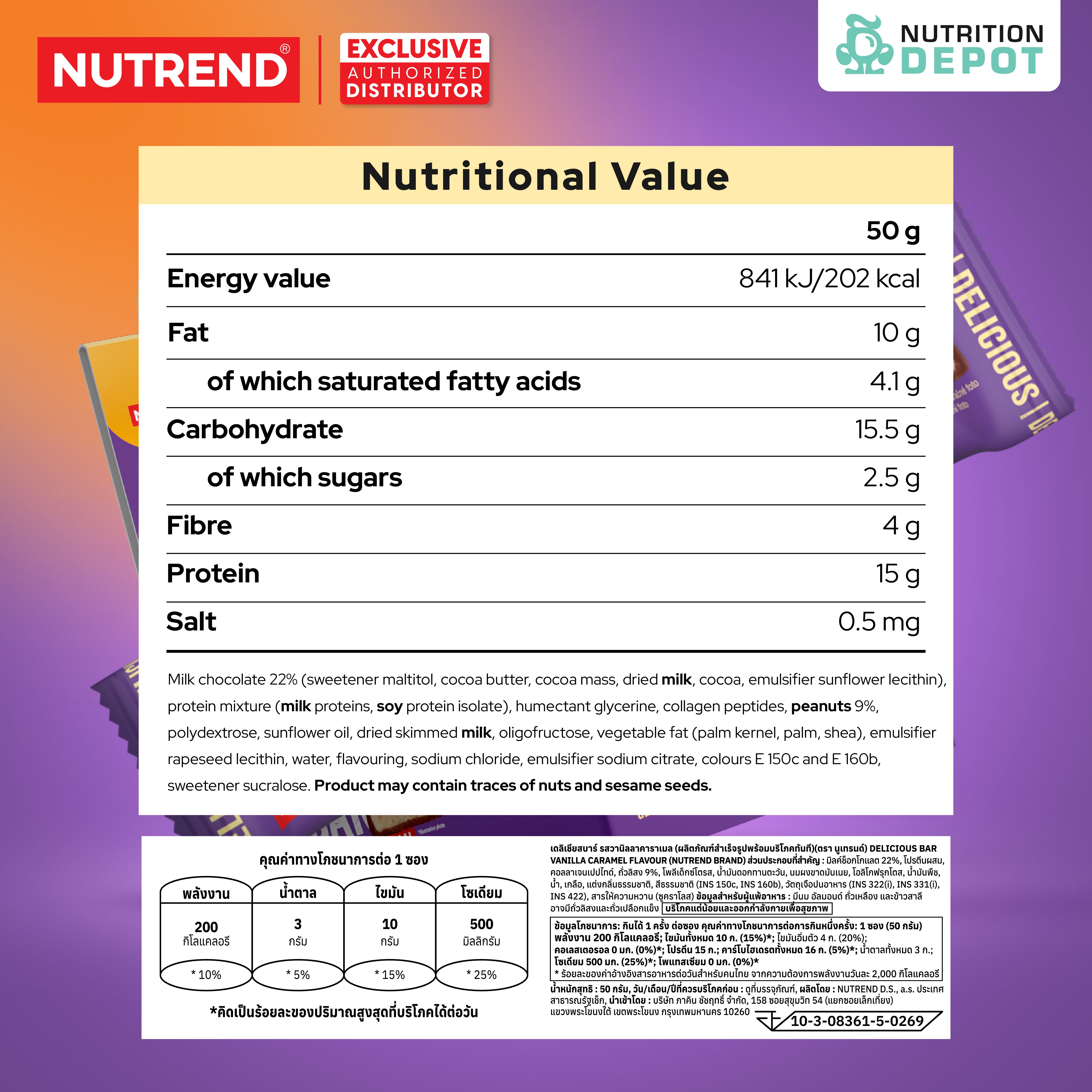 (BBF24 Feb/26)โปรตีนบาร์ Nutrend Delicious Bar - Vanilla & Caramel in Milk Chocolate (1 Box / 28 Bars)