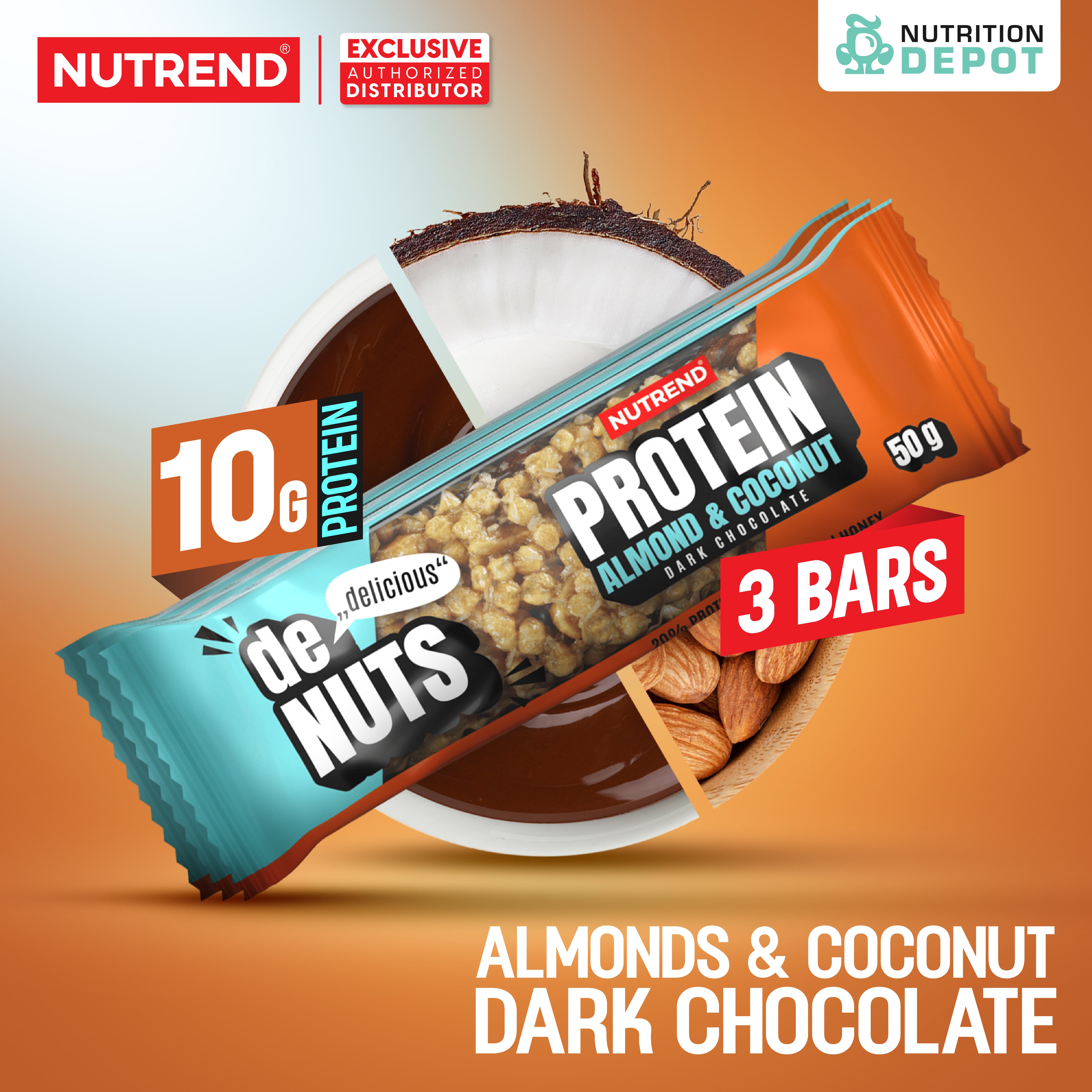 ( BBF 15/NOV/25)โปรตีนบาร์ Nutrend Denuts Protein - Almond & Coconut in Dark Chocolate (3 Bars)