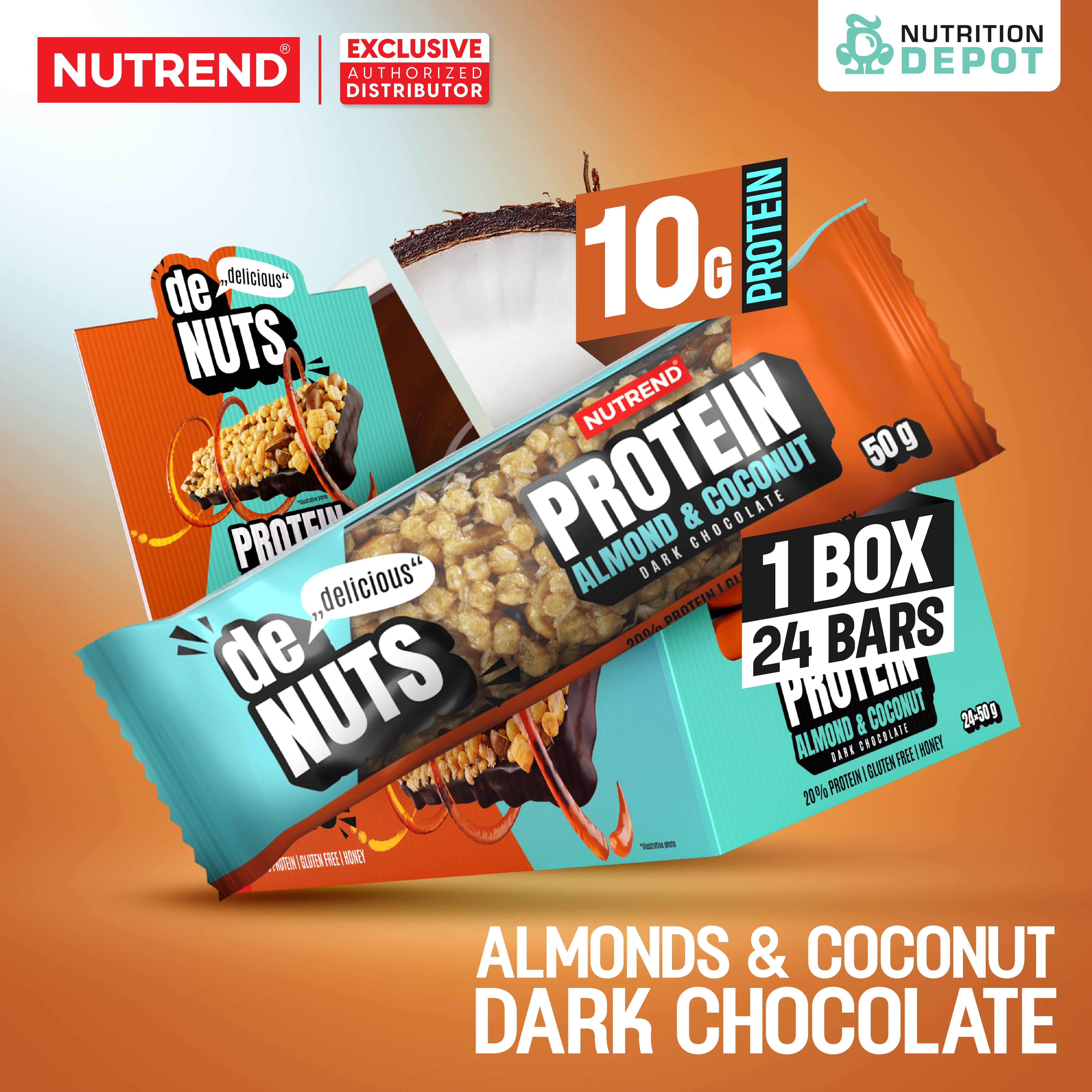 ( BBF 15/NOV/25)โปรตีนบาร์ Nutrend Denuts Protein - Almond & Coconut in Dark Chocolate (1 Box / 24 Bars)