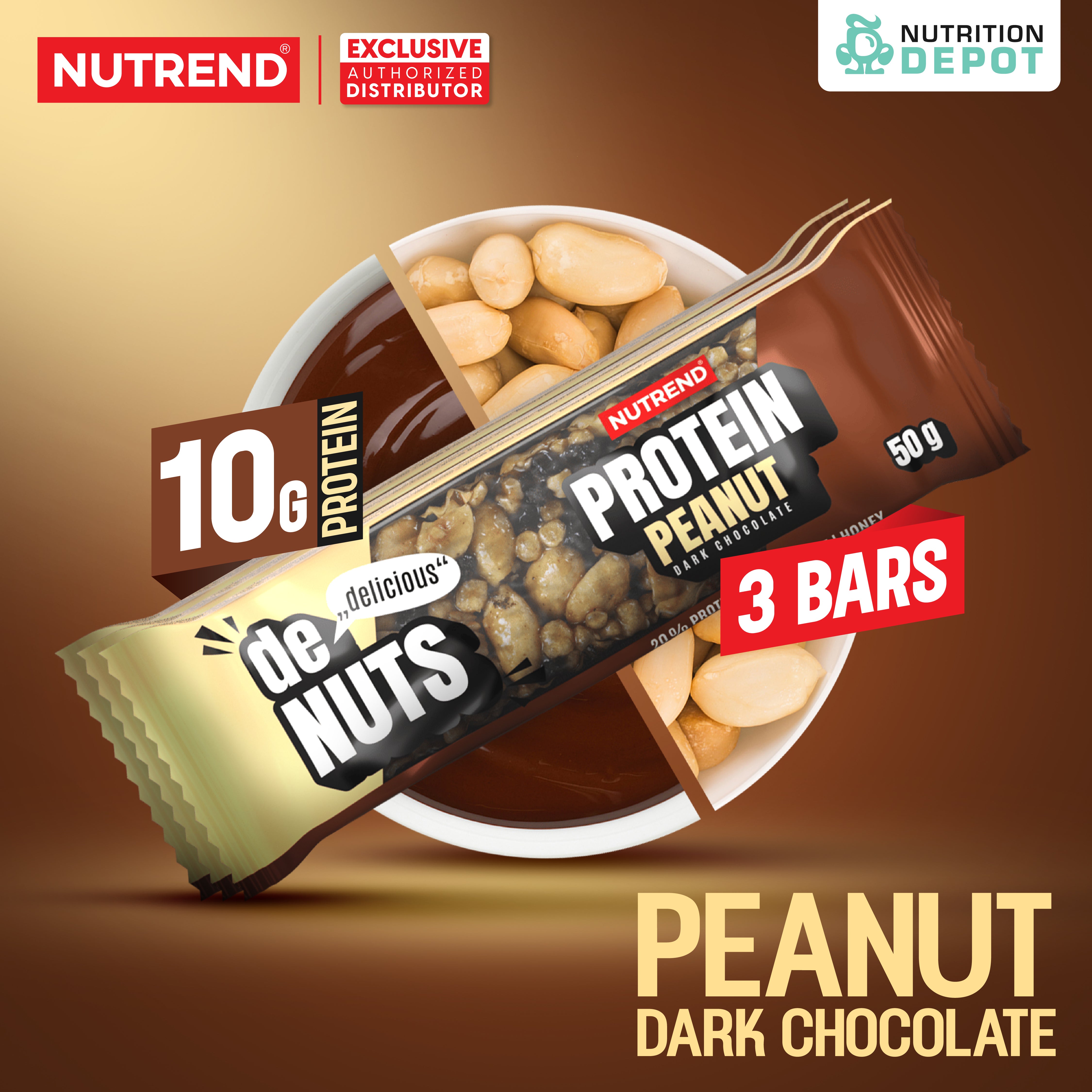 ( BBF 15 NOV/25)โปรตีนบาร์ Nutrend Denuts Protein - Peanut in Dark Chocolate (3 Bars)