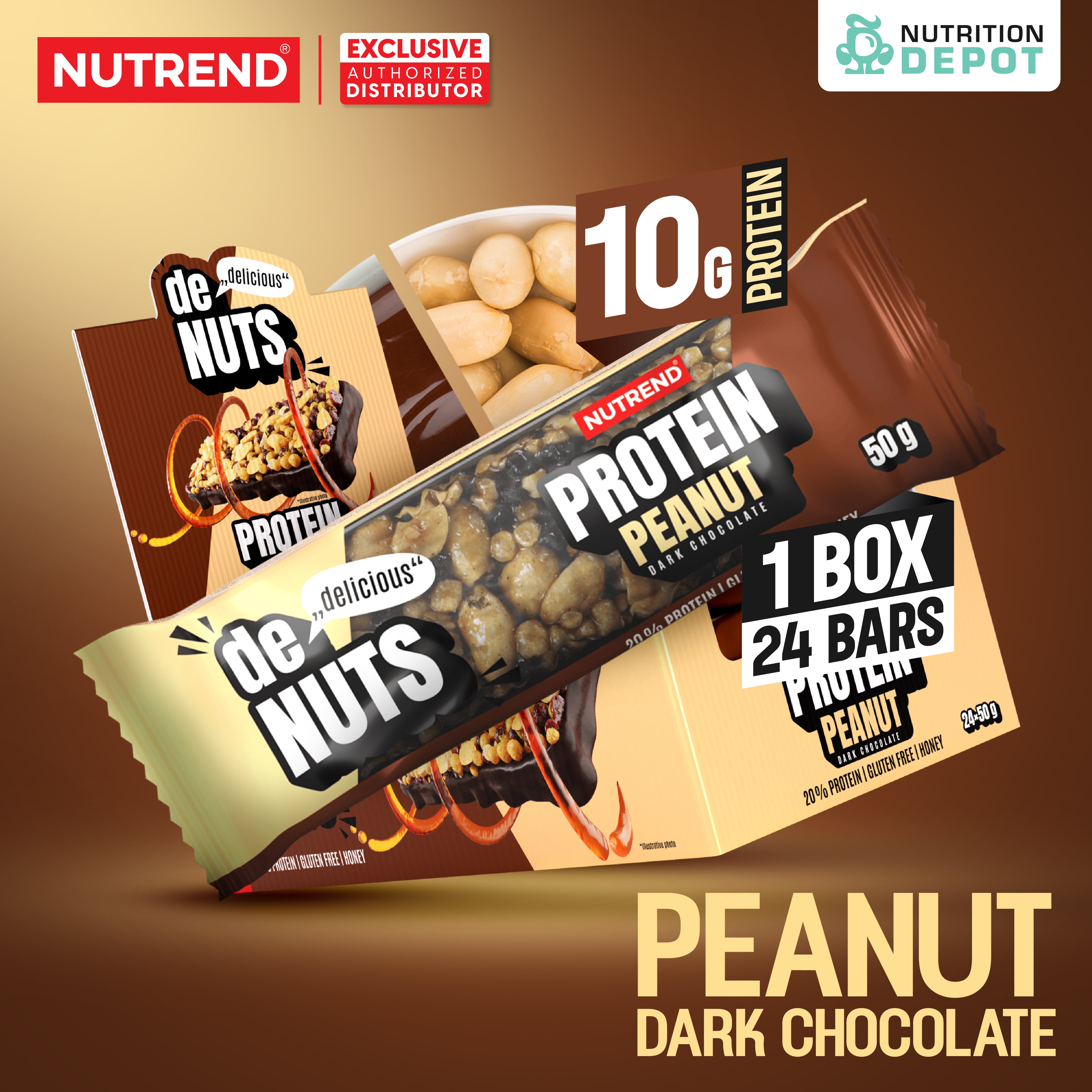 ( BBF 15 NOV/25)โปรตีนบาร์ Nutrend Denuts Protein - Peanut in Dark Chocolate (1 Box / 24 Bars)