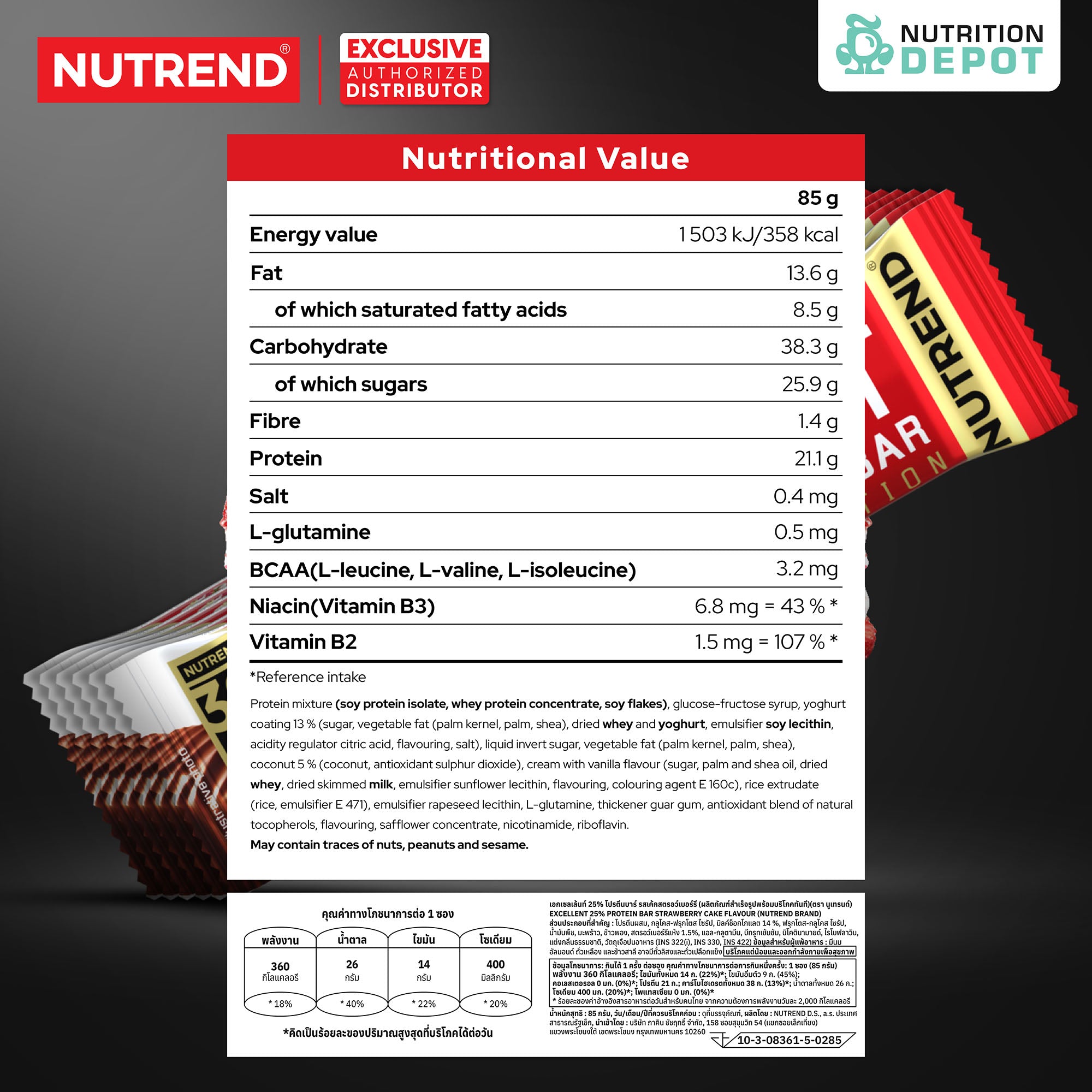 โปรตีนบาร์ Nutrend Excelent 25% Protein Bar - Strawberry Cake in Milk Chocolate (1 Box / 18 Bars)