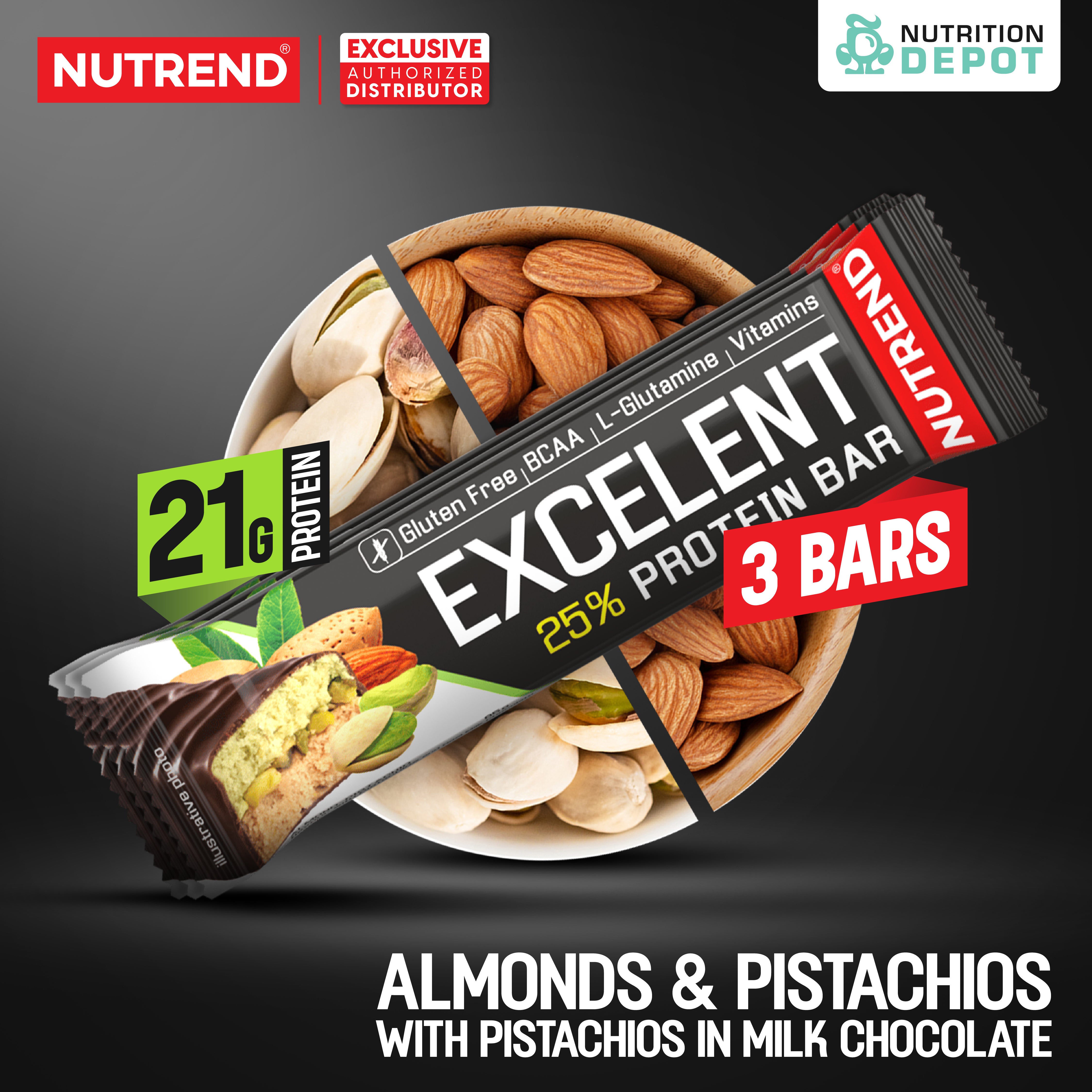 โปรตีนบาร์ Nutrend Excelent 25% Protein Bar - Almonds & Pistachios with Pistachios in Milk Chocolate (3 Bars)