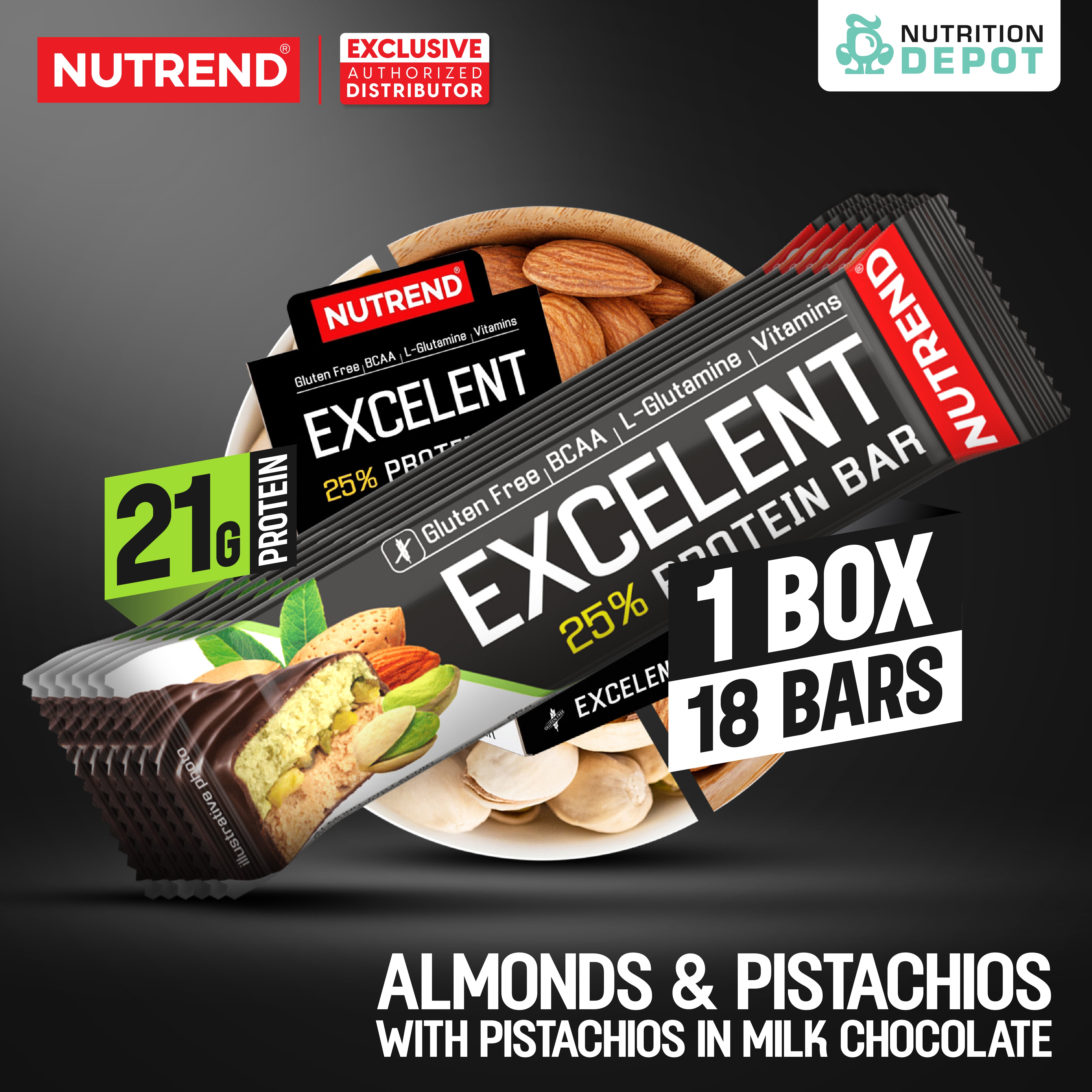 โปรตีนบาร์ Nutrend Excelent 25% Protein Bar - Almonds & Pistachios with Pistachios in Milk Chocolate (1 Box / 18 Bars)