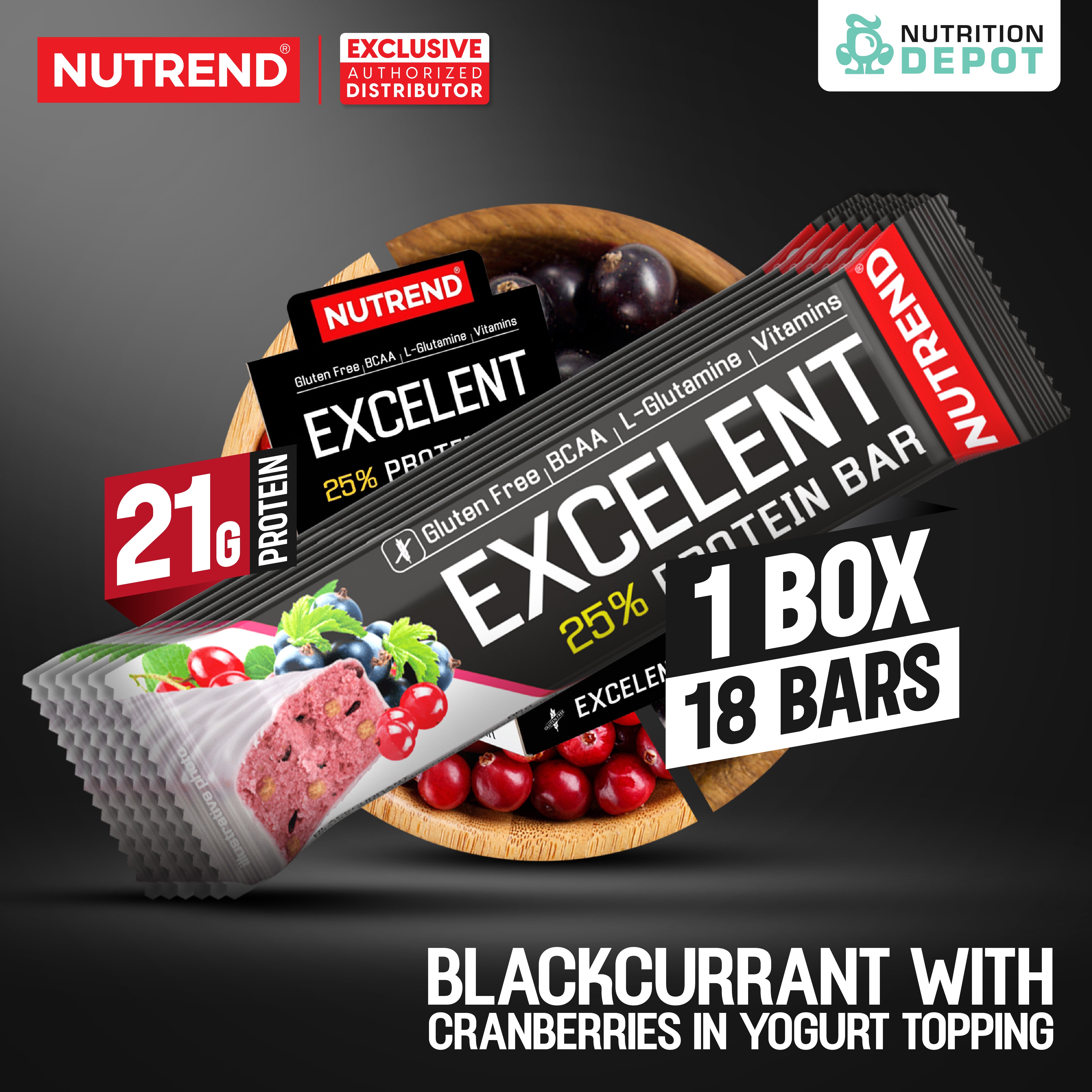 โปรตีนบาร์ Nutrend Excelent 25% Protein Bar - Blackcurrant with Cranberries in Yogurt Topping (1 Box / 18 Bars)