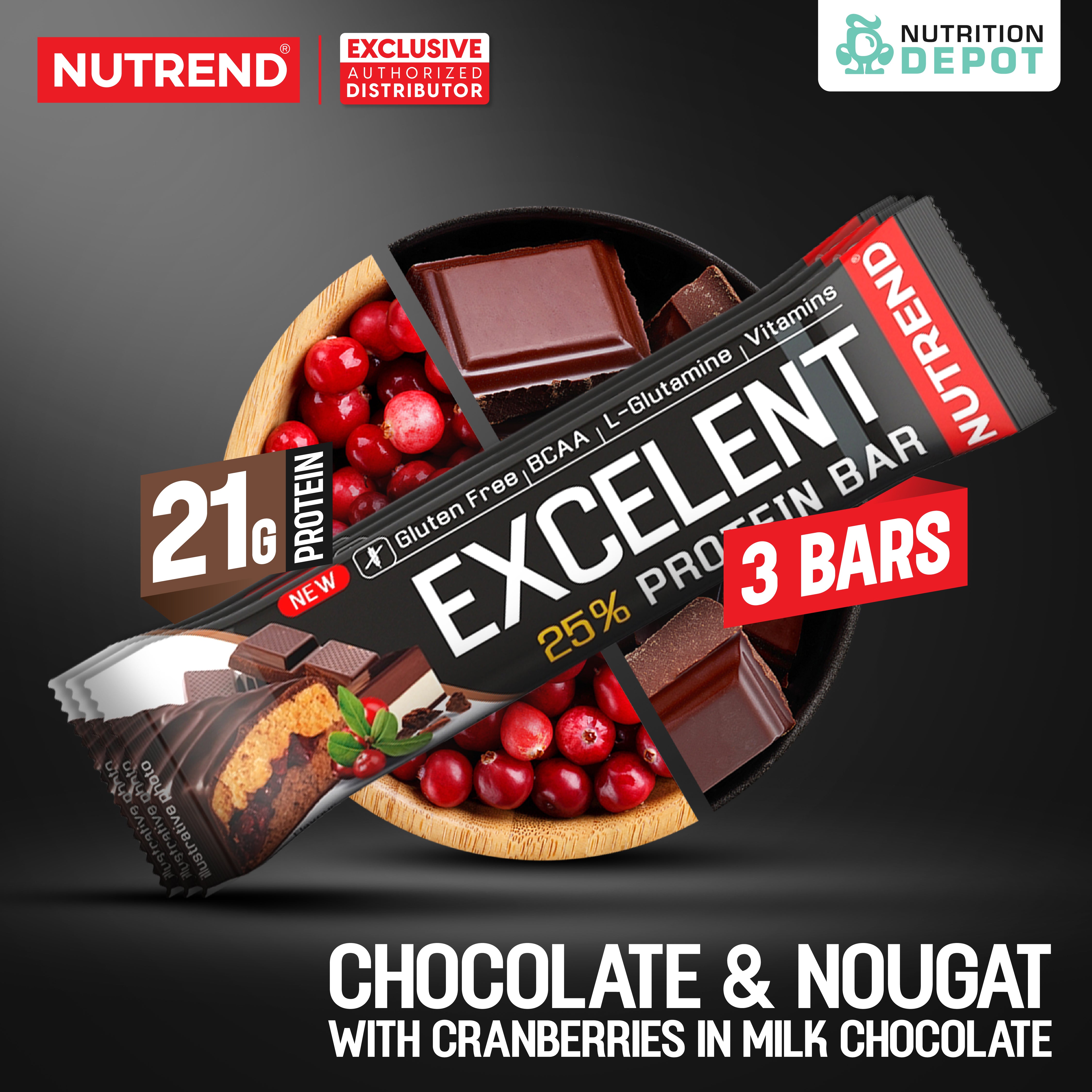 โปรตีนบาร์ Nutrend Excelent 25% Protein Bar - Chocolate & Nougat with Cranberries in Milk Chocolate (3 Bars)
