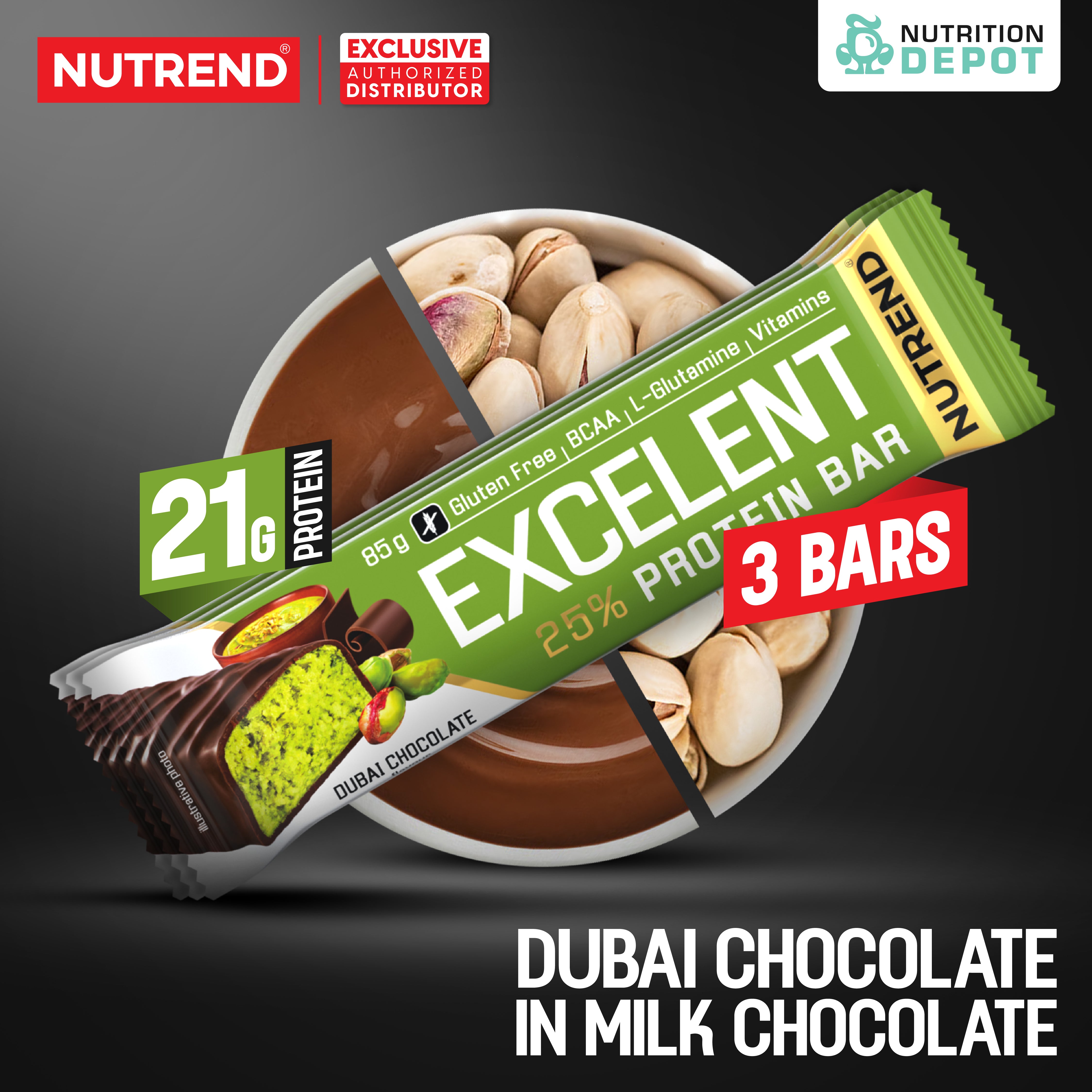 โปรตีนบาร์ Nutrend Excelent 25% Protein Bar - Dubai Chocolate in Milk Chocolate (3 Bars)