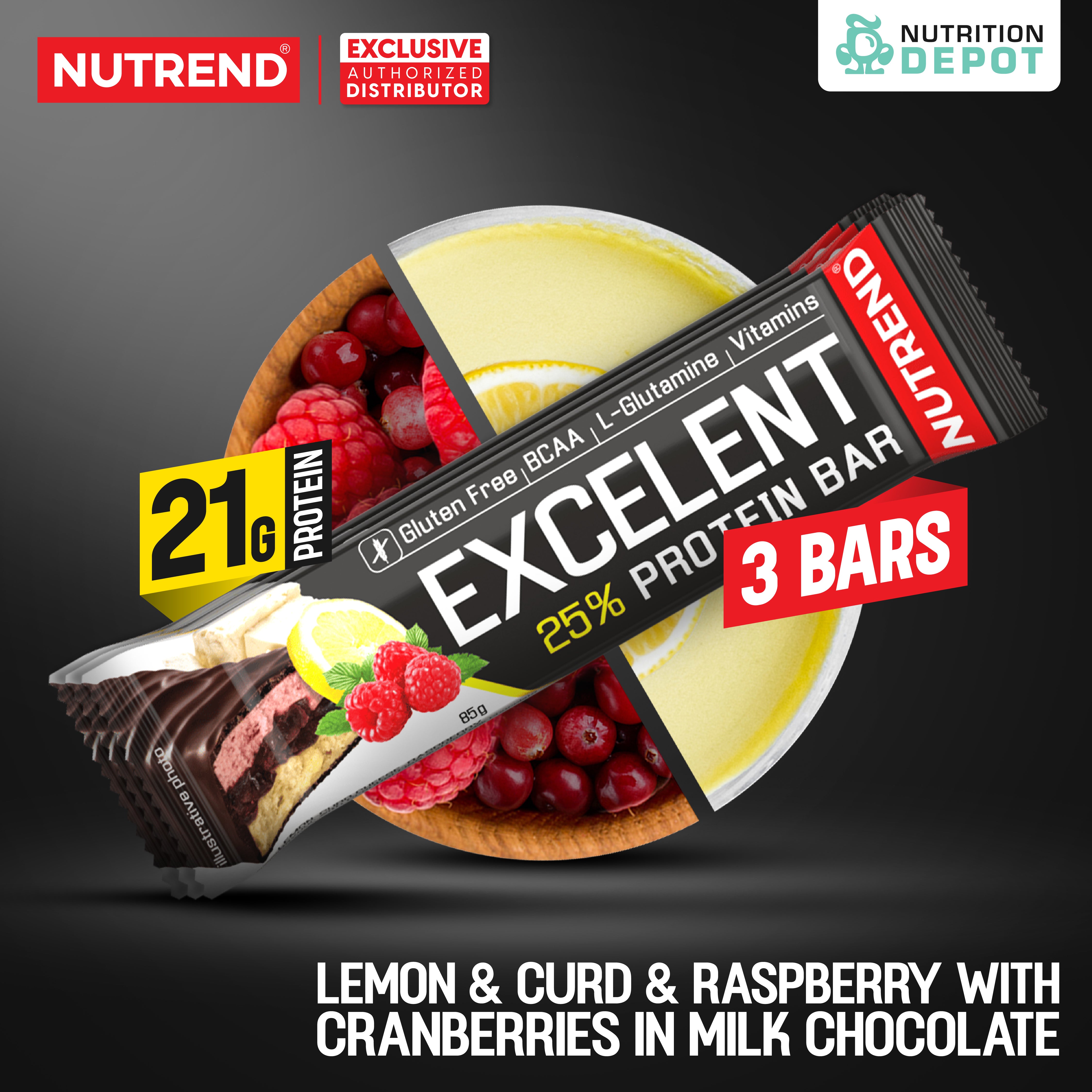 โปรตีนบาร์ Nutrend Excelent 25% Protein Bar - Lemon & Curd & Raspberry with Cranberries in Milk Chocolate (3 Bars)