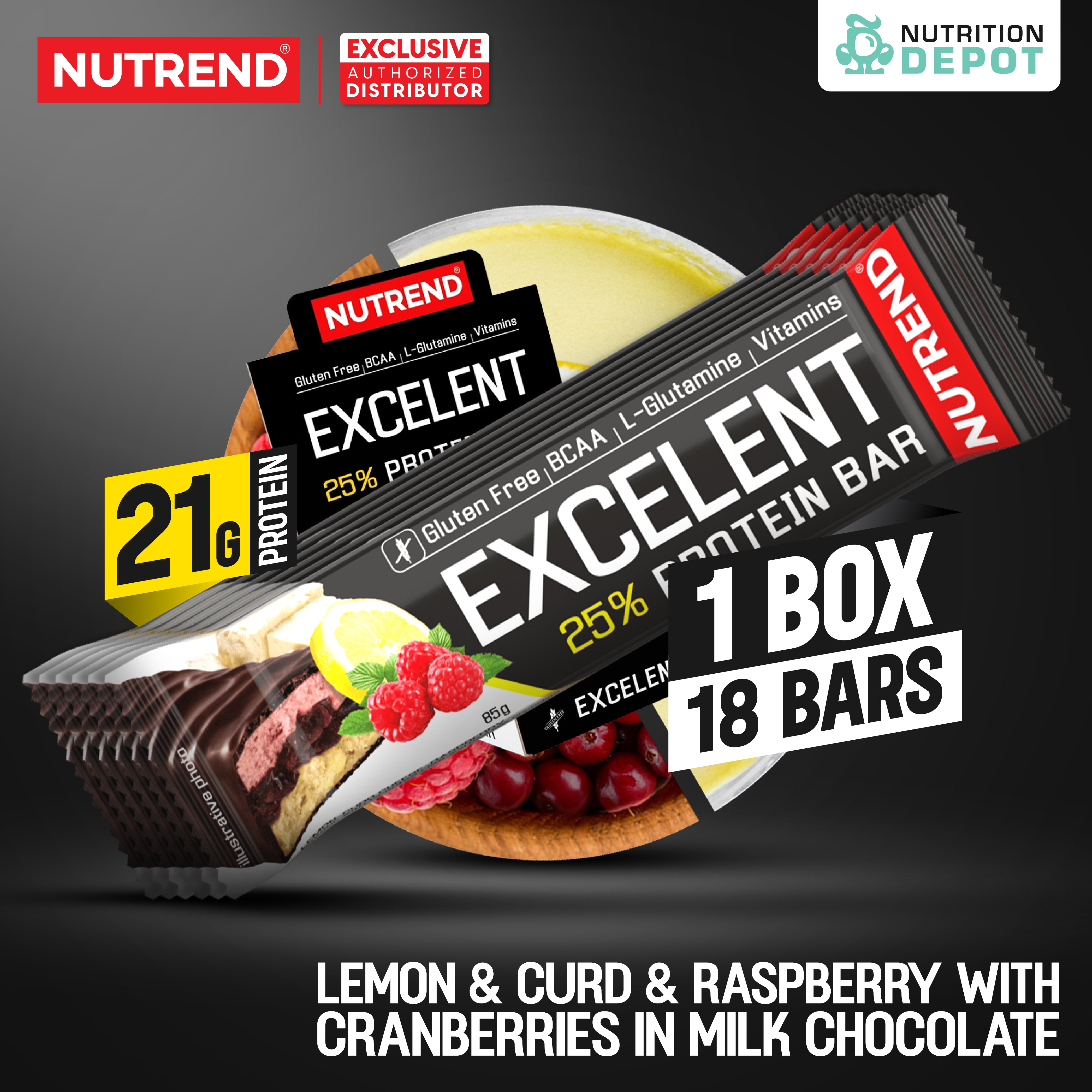 โปรตีนบาร์ Nutrend Excelent 25% Protein Bar - Lemon & Curd & Raspberry with Cranberries in Milk Chocolate (1 Box / 18 Bars)