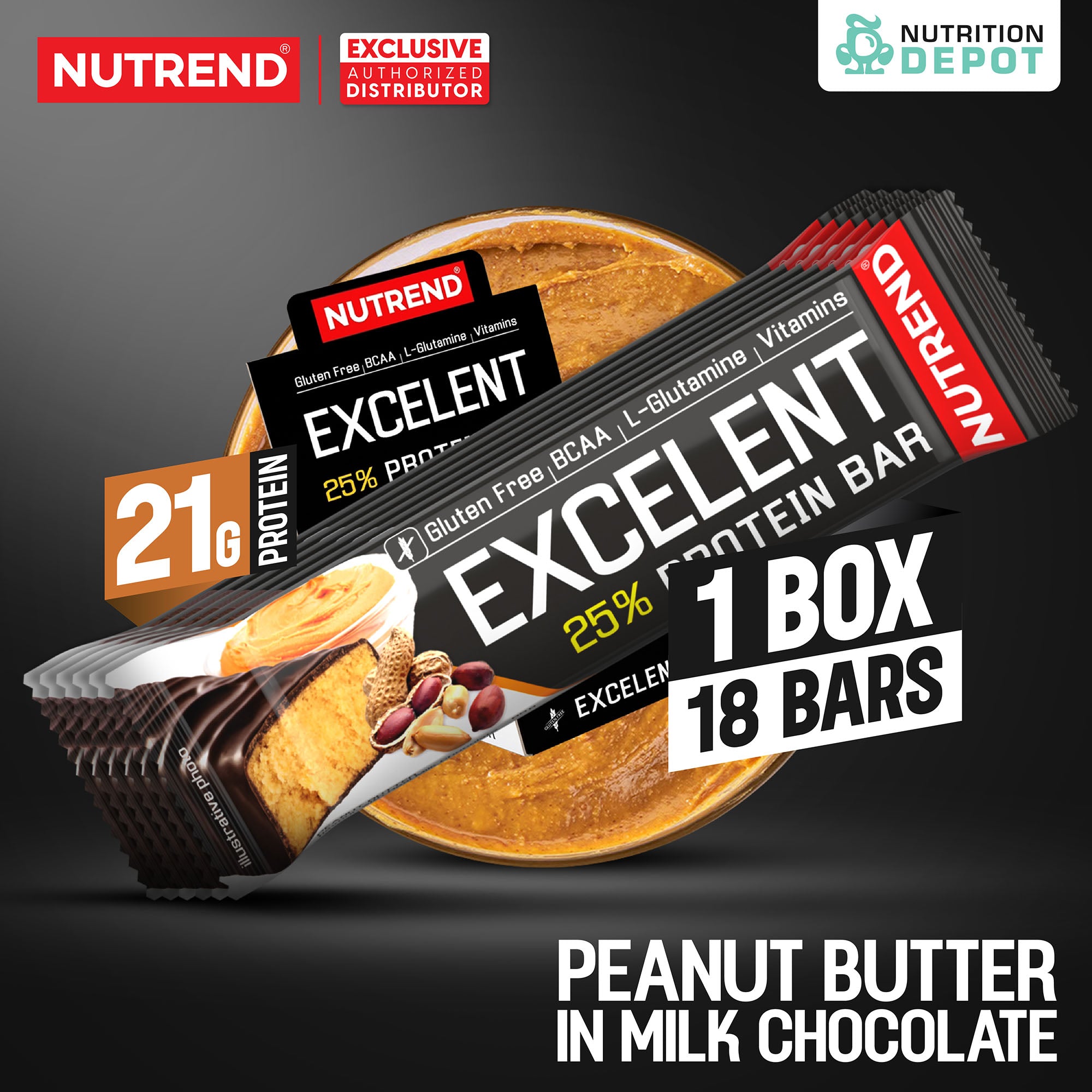 โปรตีนบาร์ Nutrend Excelent 25% Protein Bar - Peanut Butter in Milk Chocolate (1 Box / 18 Bars)