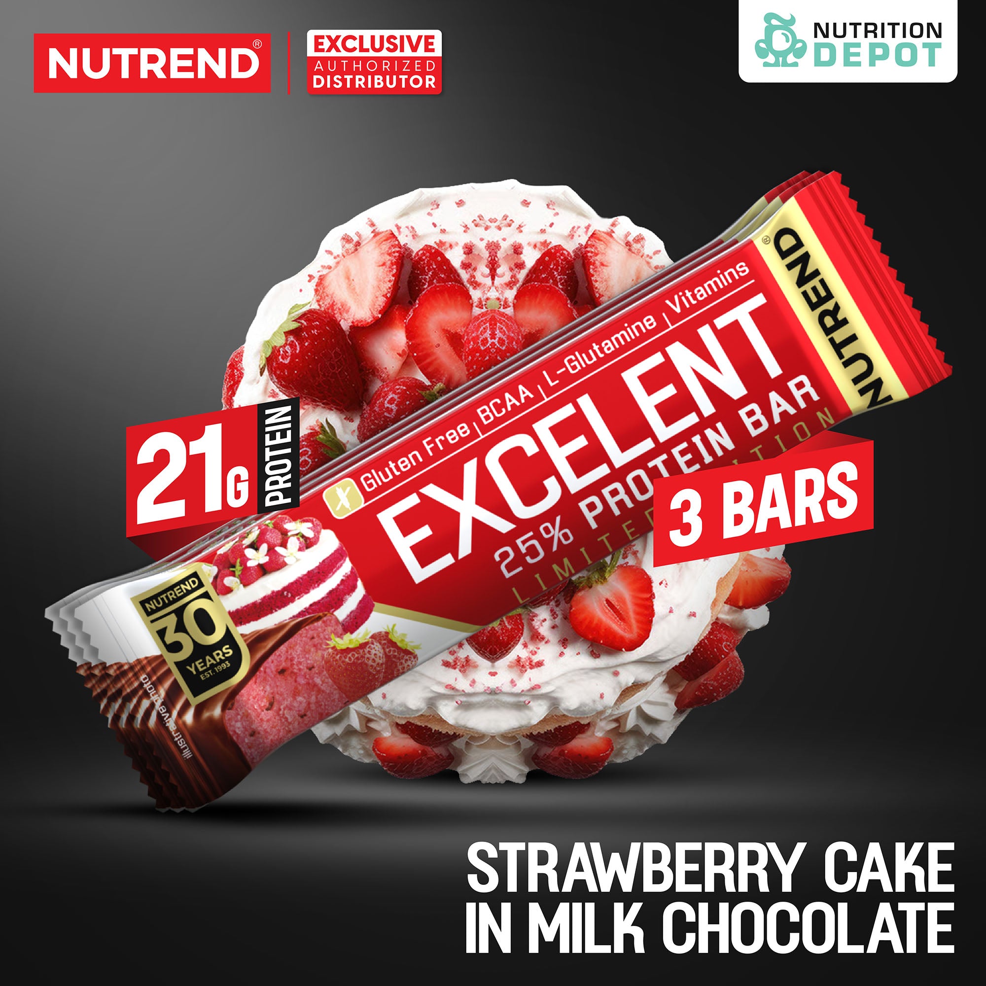โปรตีนบาร์ Nutrend Excelent 25% Protein Bar - Strawberry Cake in Milk Chocolate (3 Bars)