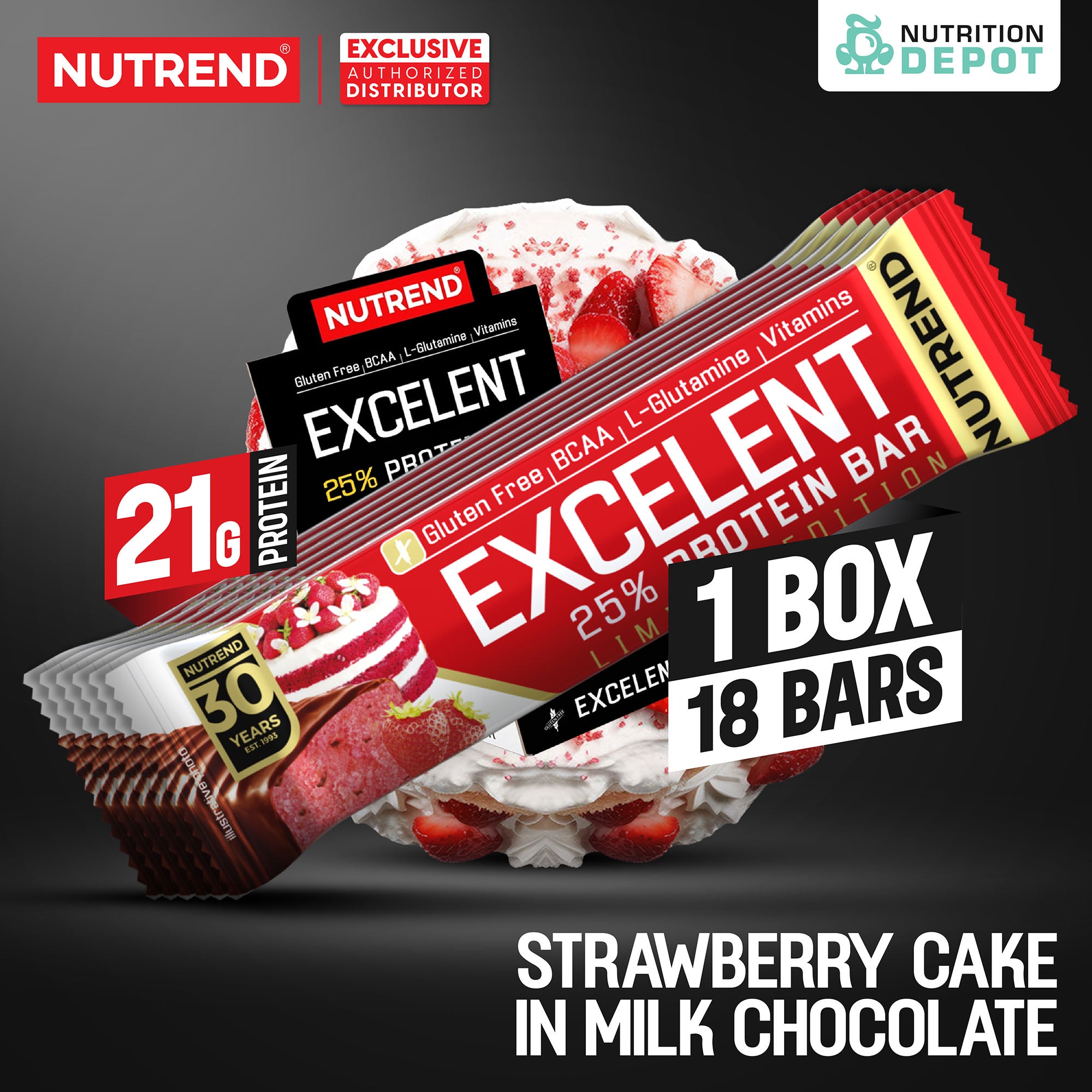 โปรตีนบาร์ Nutrend Excelent 25% Protein Bar - Strawberry Cake in Milk Chocolate (1 Box / 18 Bars)