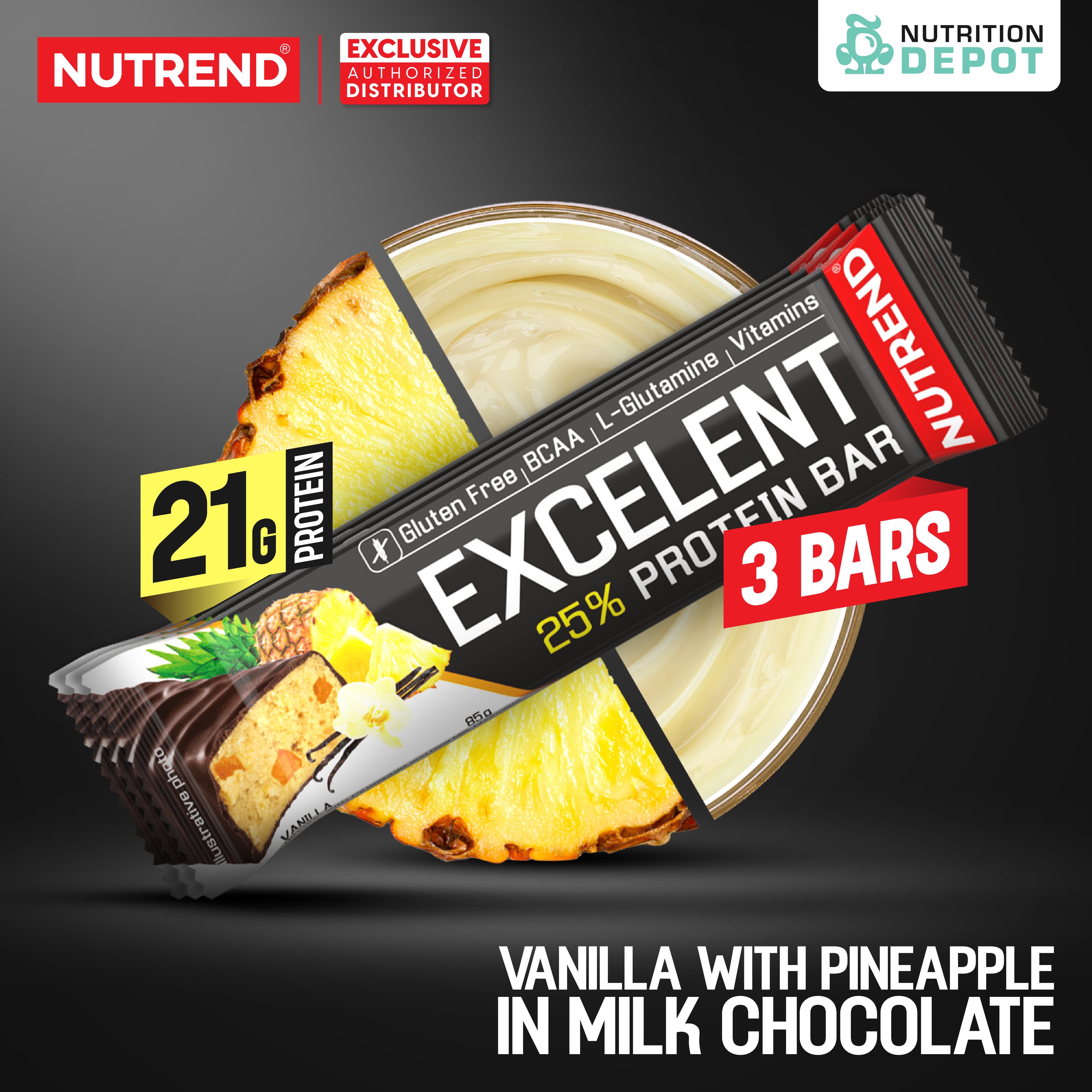 โปรตีนบาร์ Nutrend Excelent 25% Protein Bar - Vanilla with Pineapple in Milk Chocolate (3 Bars)