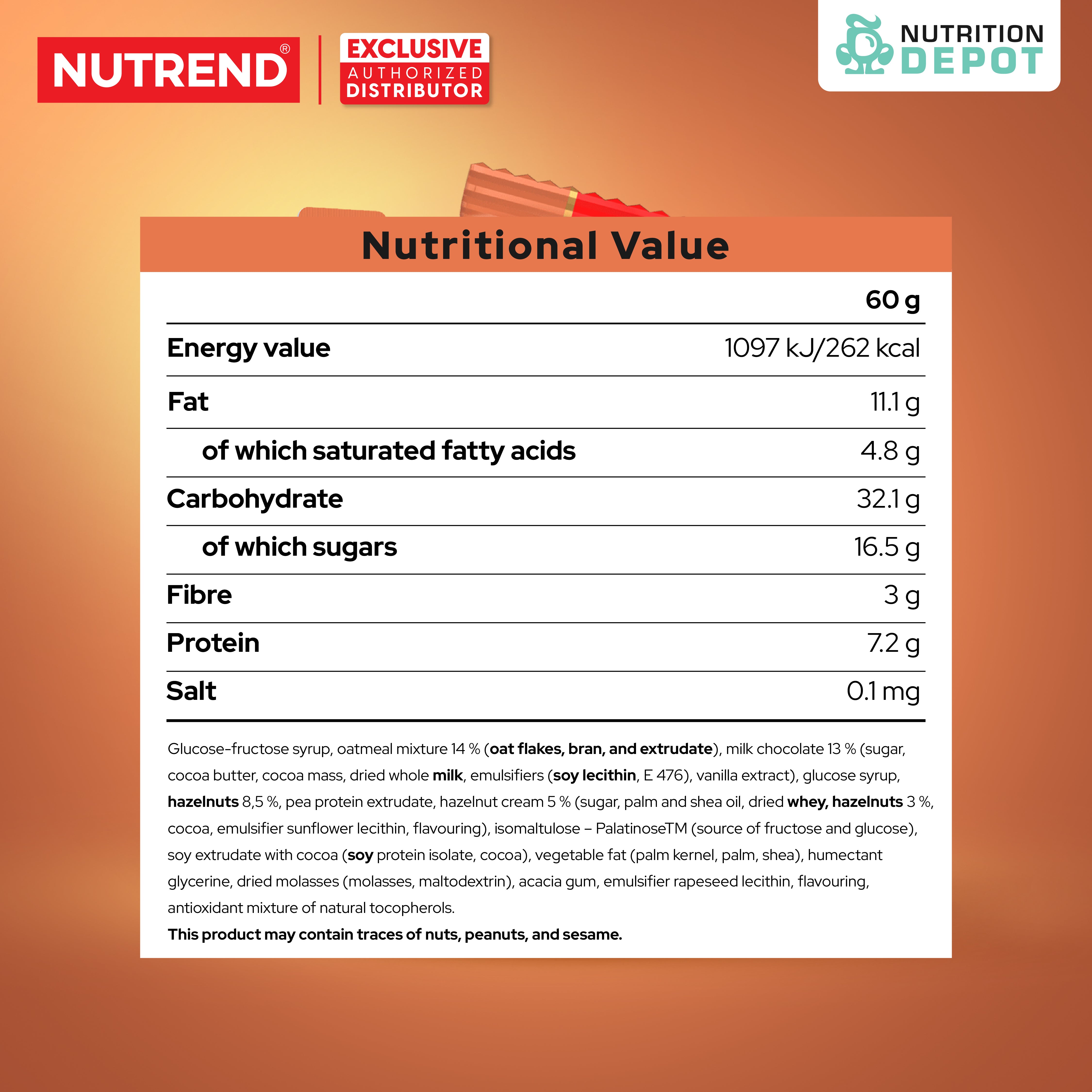 ( BBF 04/DEC/25)โปรตีนบาร์ Nutrend Energy Bar - Hazelnut (1 Box / 20 Bars)