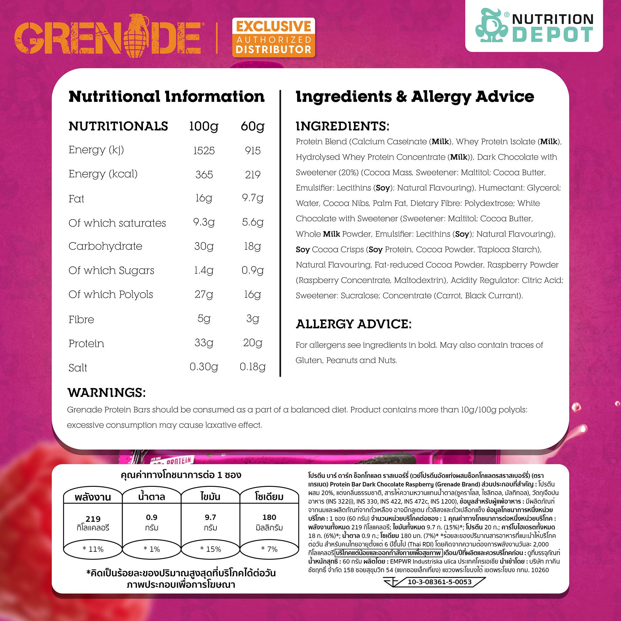 Grenade Carb Killa Protein Bar - Dark Chocolate Raspberry 1 Box (12 Bars)
