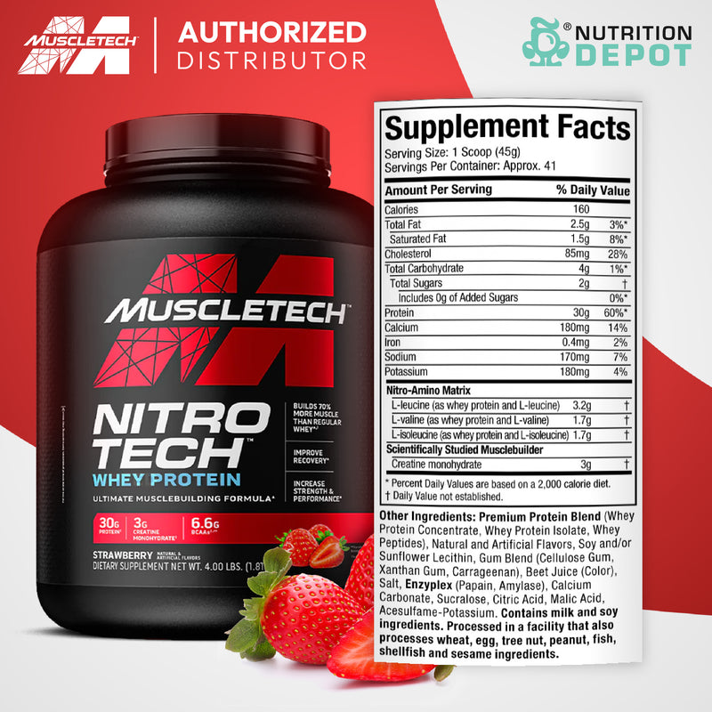 MuscleTech Nitro-Tech 4lb - Strawberry เวย์โปรตีนเสริมสร้างกล้ามเนื้อ