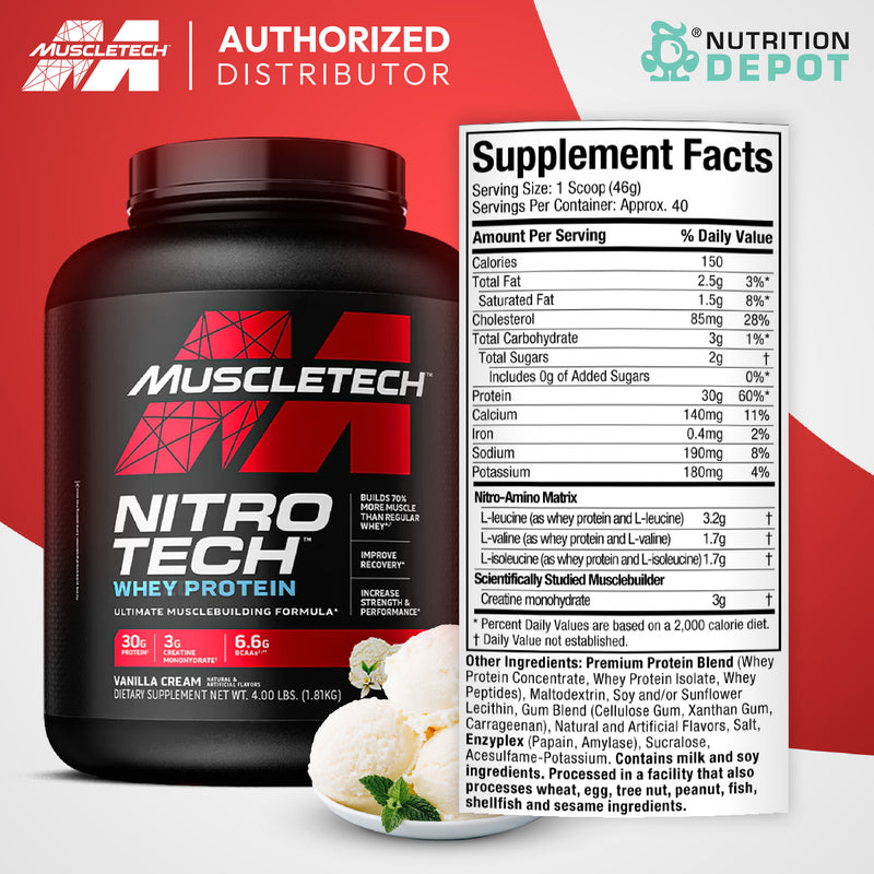 MuscleTech Nitro tech 4 lb - Vanilla เวย์โปรตีนเสริมสร้างกล้ามเนื้อ
