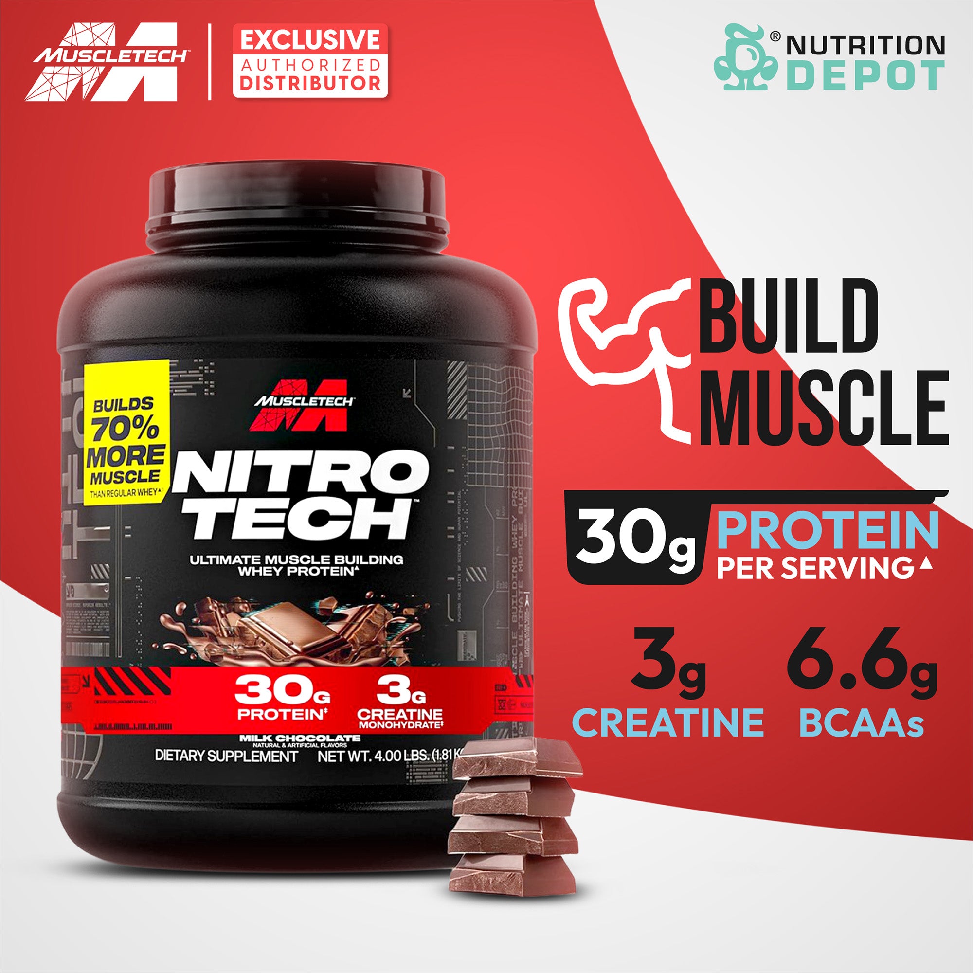 MuscleTech Nitro tech 4 lb - Milk Chocolate เวย์โปรตีนเสริมสร้างกล้ามเนื้อ