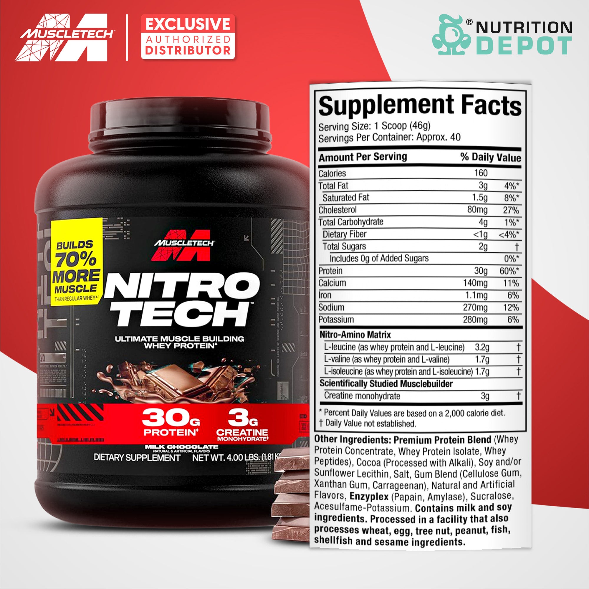 MuscleTech Nitro tech 4 lb - Milk Chocolate เวย์โปรตีนเสริมสร้างกล้ามเนื้อ