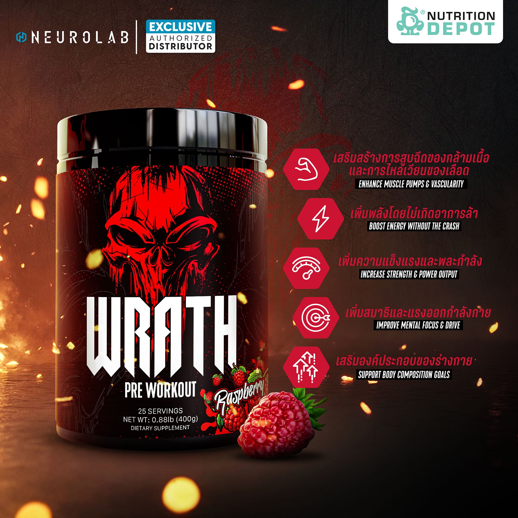 Neurolab WRATH Pre-Workout - Raspberry 25 Servings กรดอะมิโนเพื่มแรงในการออกกำลังกาย