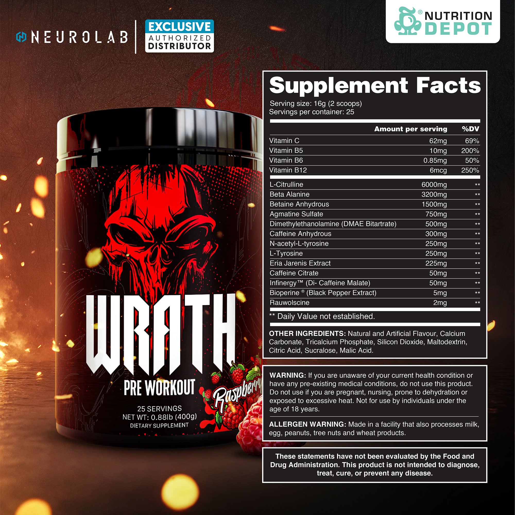 Neurolab WRATH Pre-Workout - Raspberry 25 Servings กรดอะมิโนเพื่มแรงในการออกกำลังกาย