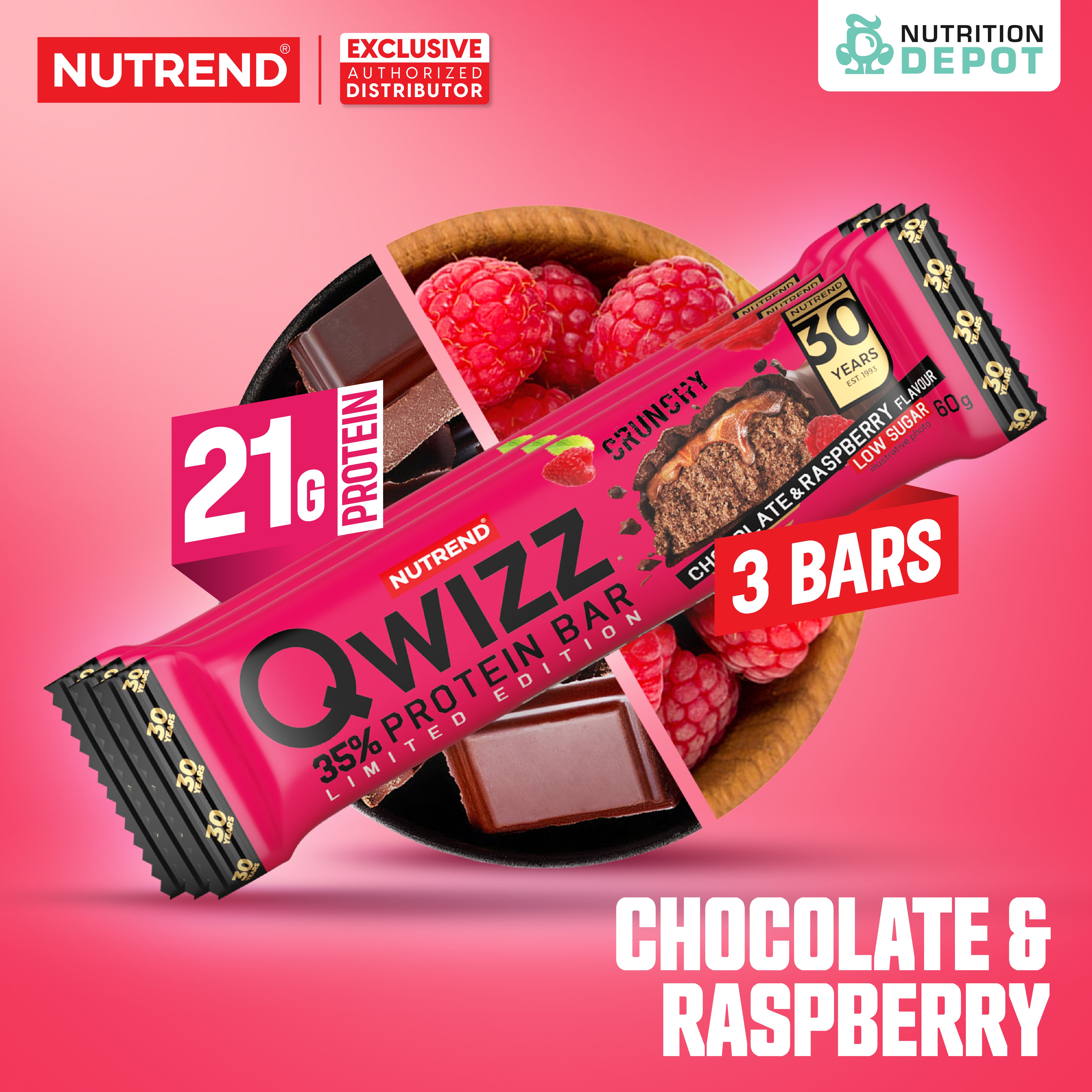 โปรตีนบาร์ Nutrend Qwizz Protein Bar - Chocolate & Raspberry (3 Bars)