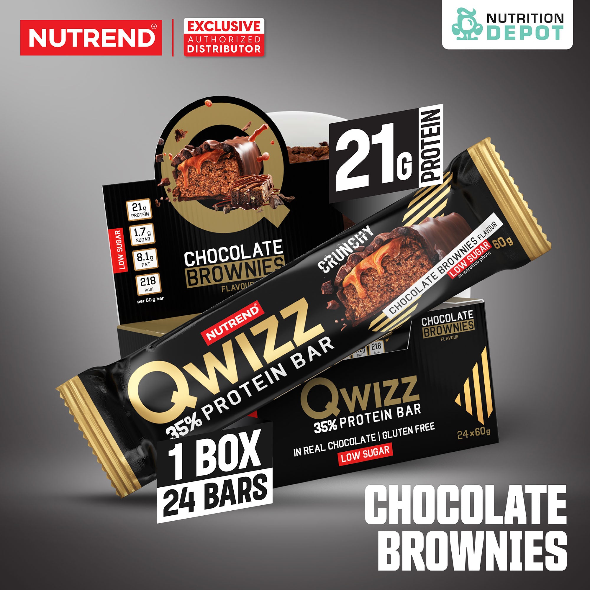 ( BBF 12/FEB/26)โปรตีนบาร์ Nutrend Qwizz Protein Bar - Chocolate Brownies (1 Box / 24 Bars)