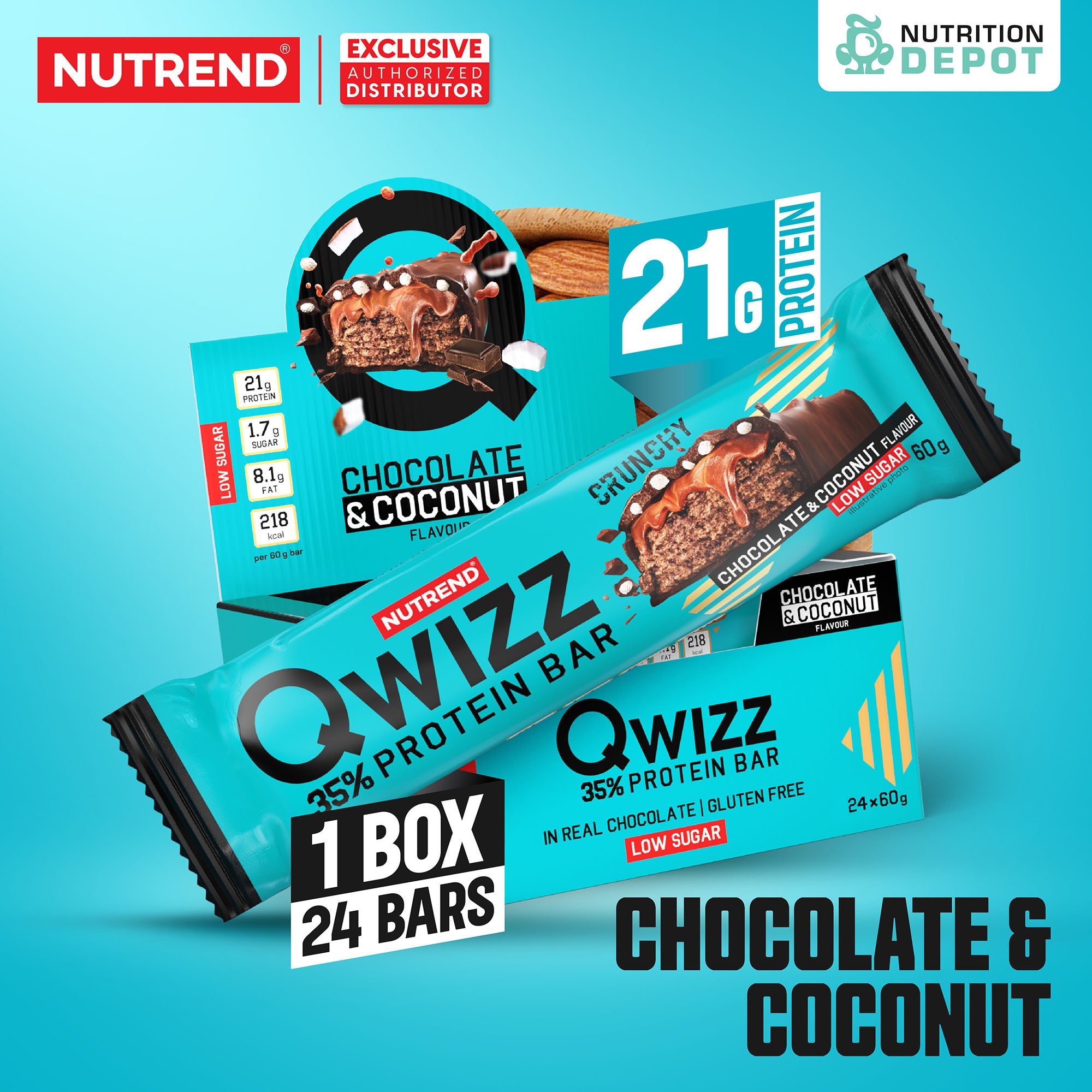 ( BBF 11/FEB/26)โปรตีนบาร์ Nutrend Qwizz Protein Bar - Chocolate & Coconut (1 Box / 24 Bars)