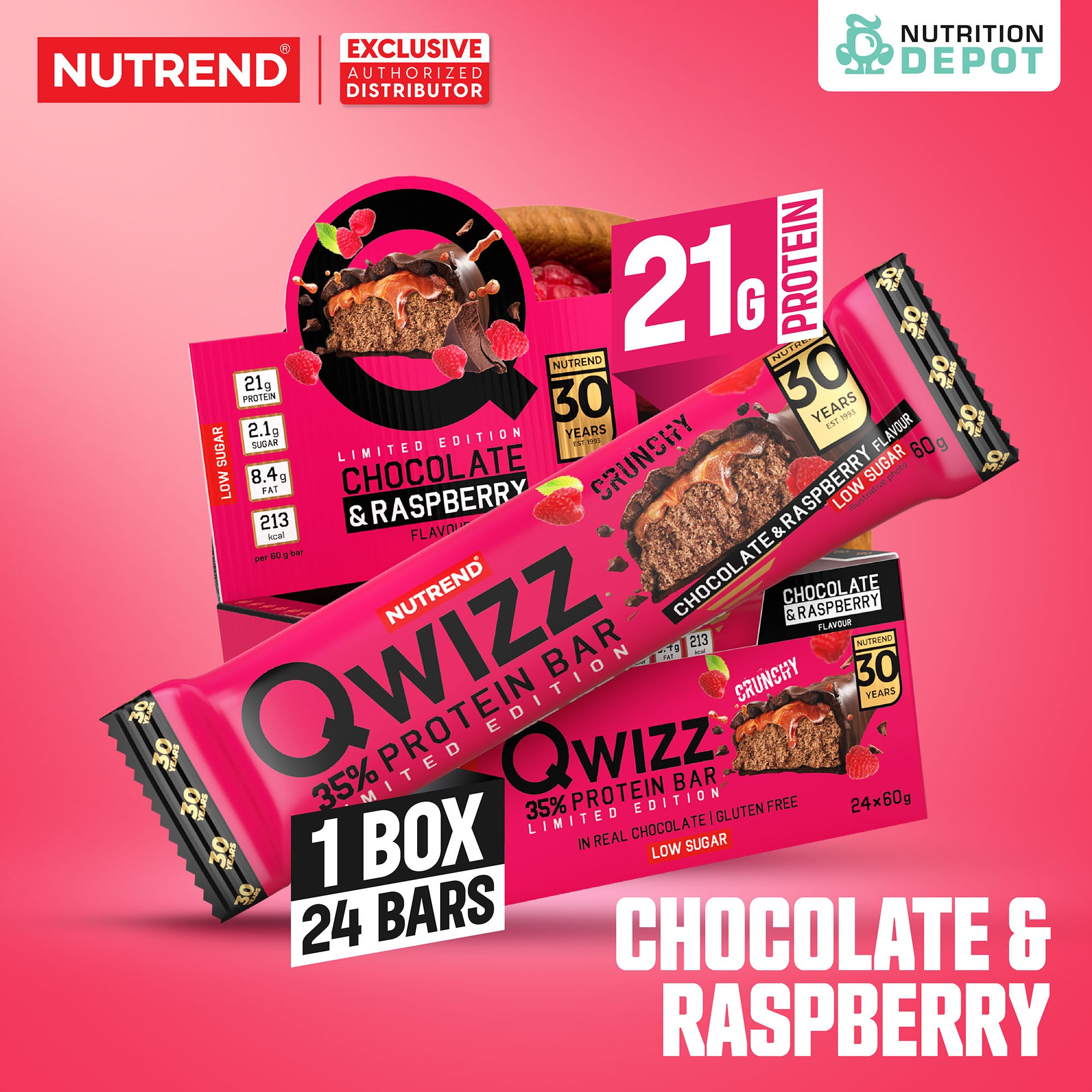 โปรตีนบาร์ Nutrend Qwizz Protein Bar - Chocolate & Raspberry (1 Box / 24 Bars)