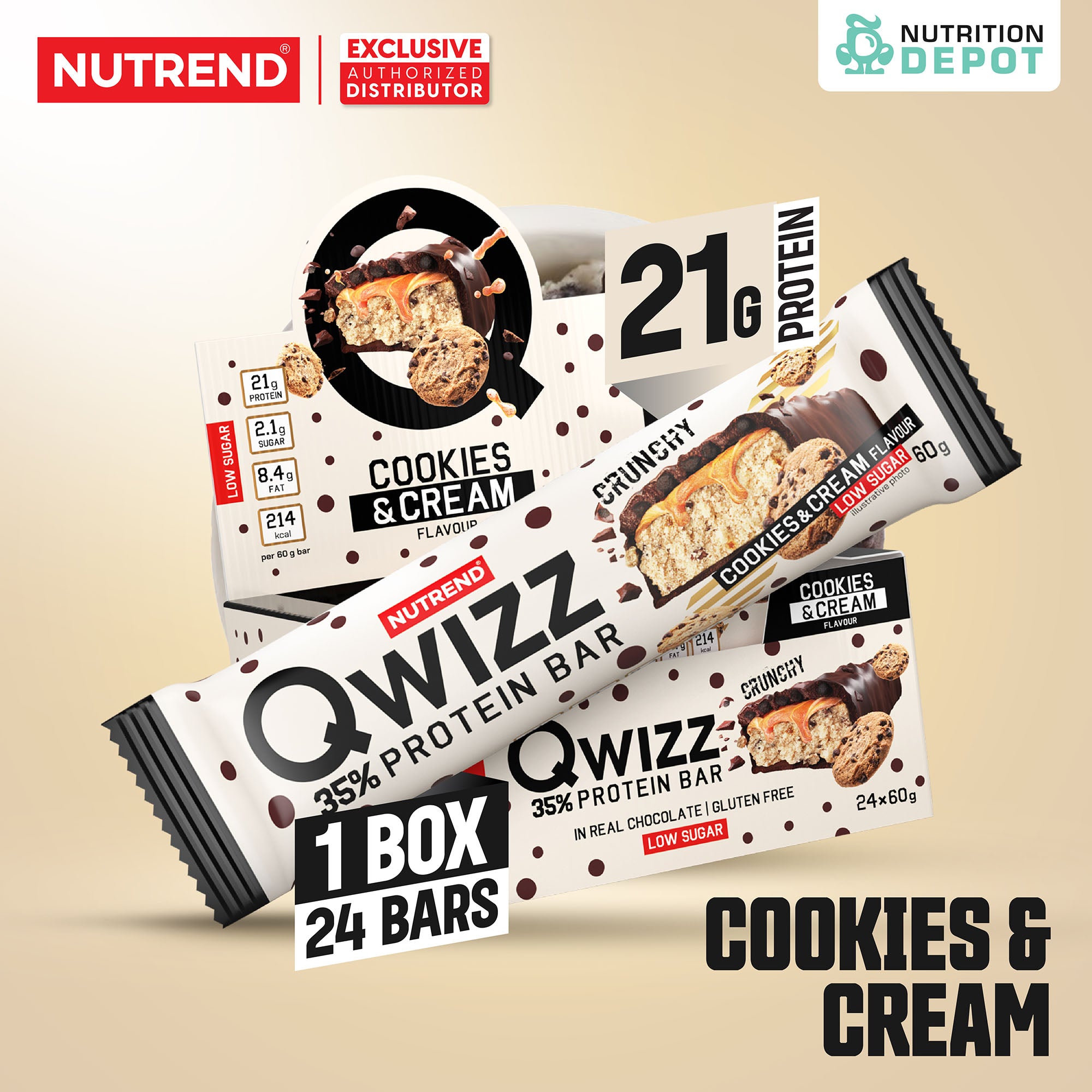 โปรตีนบาร์ Nutrend Qwizz Protein Bar - Cookies & Cream (1 Box / 24 Bars)