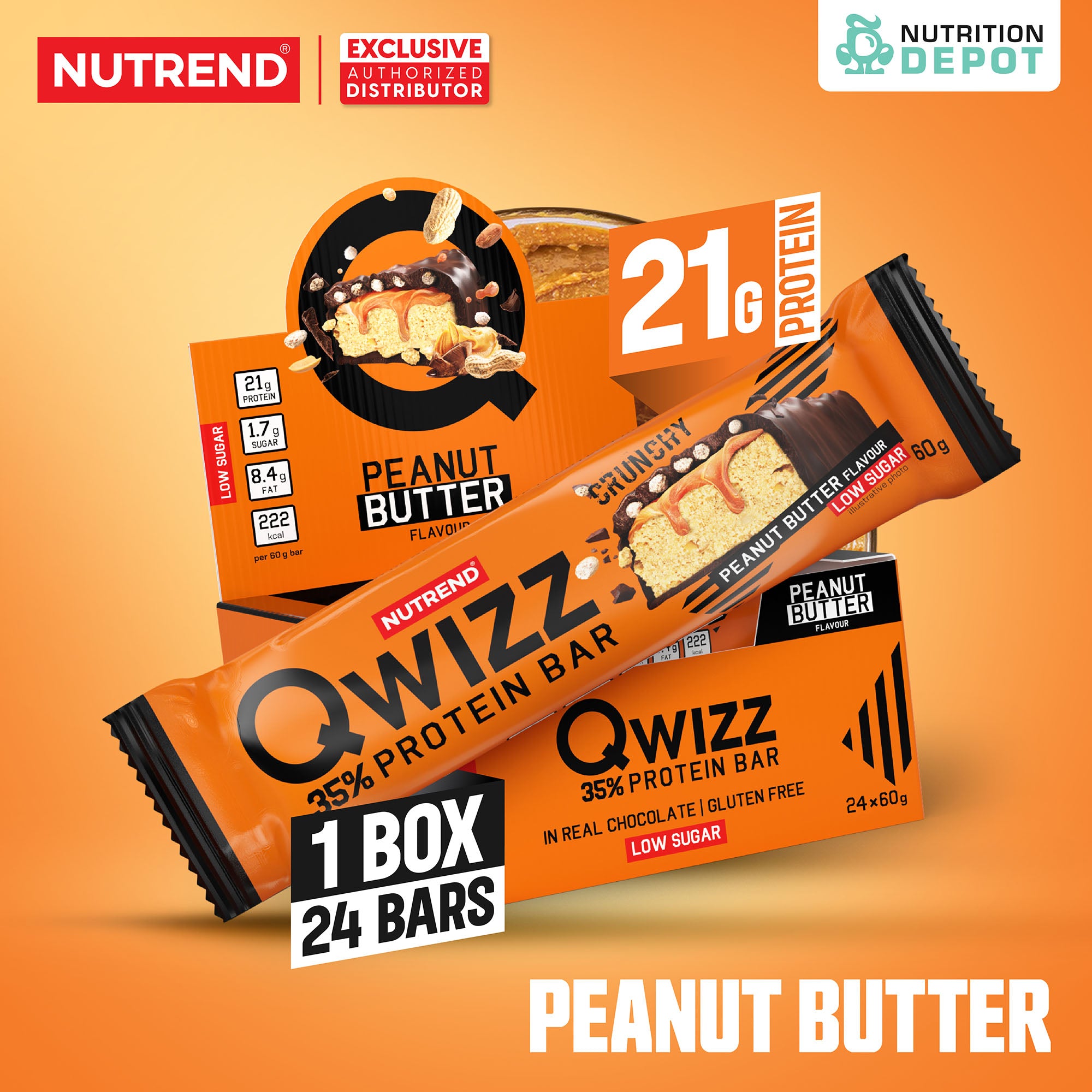 ( BBF 11/FEB/26)โปรตีนบาร์ Nutrend Qwizz Protein Bar - Peanut Butter (1 Box / 24 Bars)