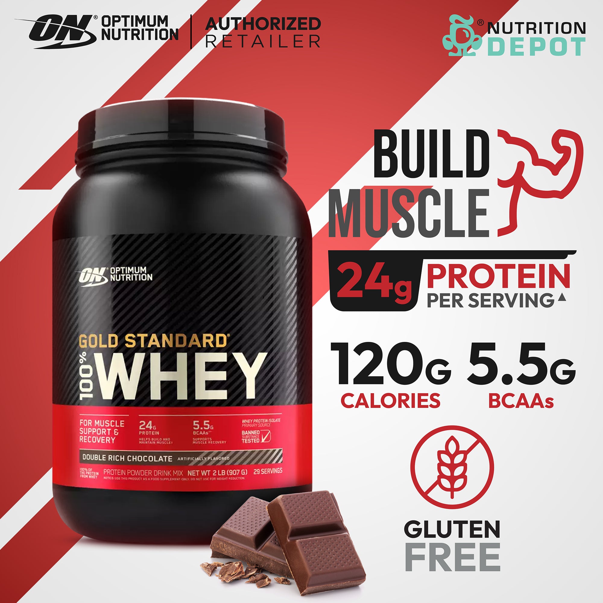Optimum Nutrition Gold Standard 100% Whey 2 lb - Double Rich Chocolate เวย์โปรตีนเสริมสร้างกล้ามเนื้อ