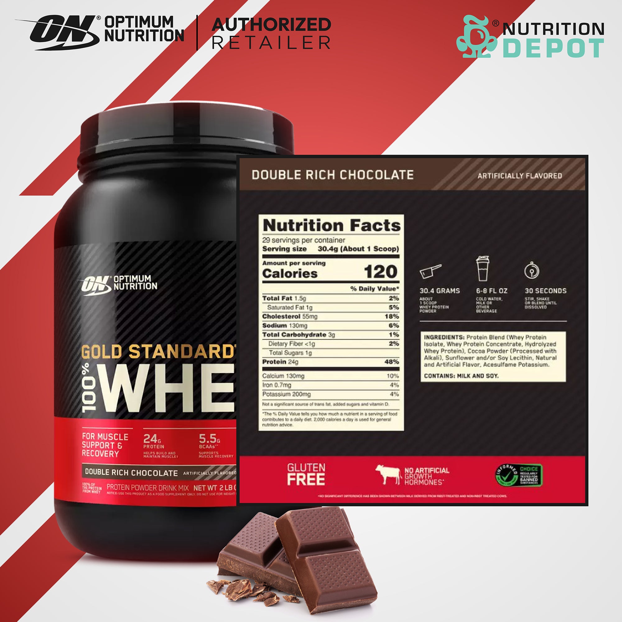 Optimum Nutrition Gold Standard 100% Whey 2 lb - Double Rich Chocolate เวย์โปรตีนเสริมสร้างกล้ามเนื้อ
