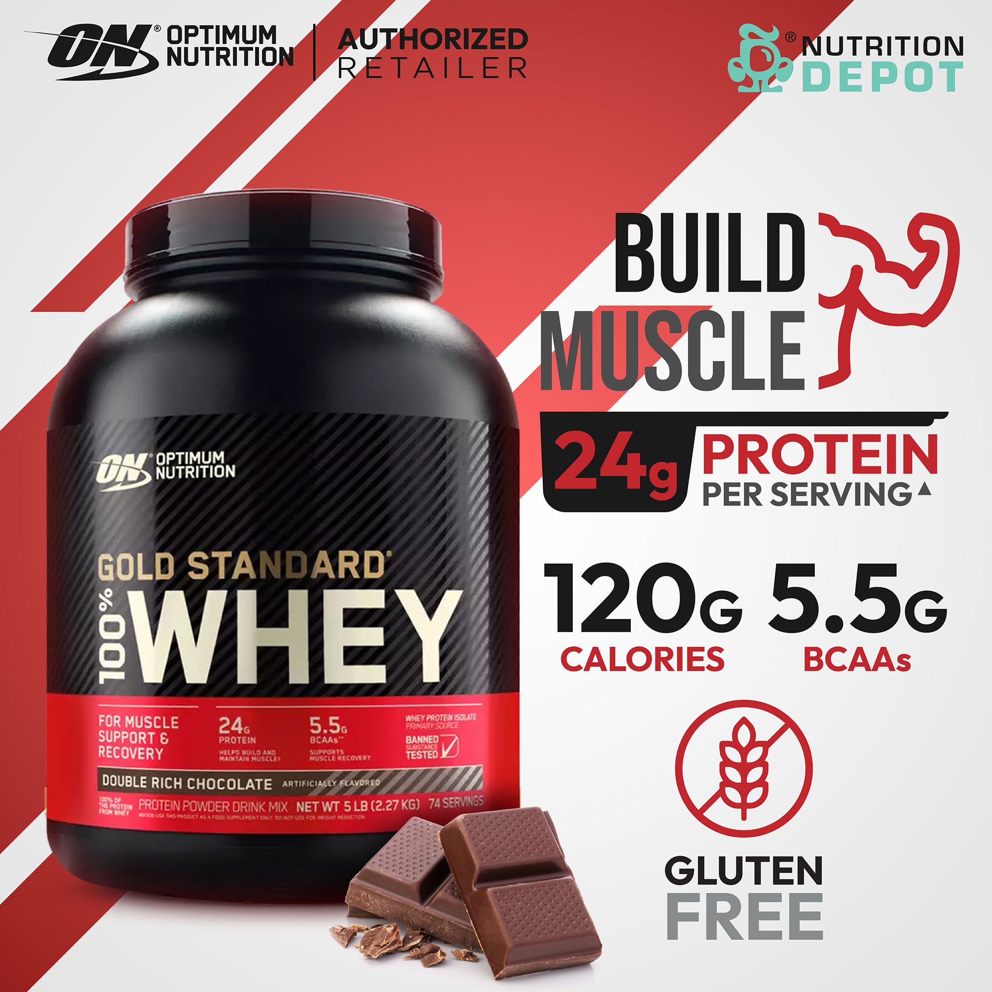Optimum Nutrition Gold Standard 100% Whey 5 lb - Double Rich Chocolate เวย์โปรตีนเพิ่มกล้ามเนื้อ
