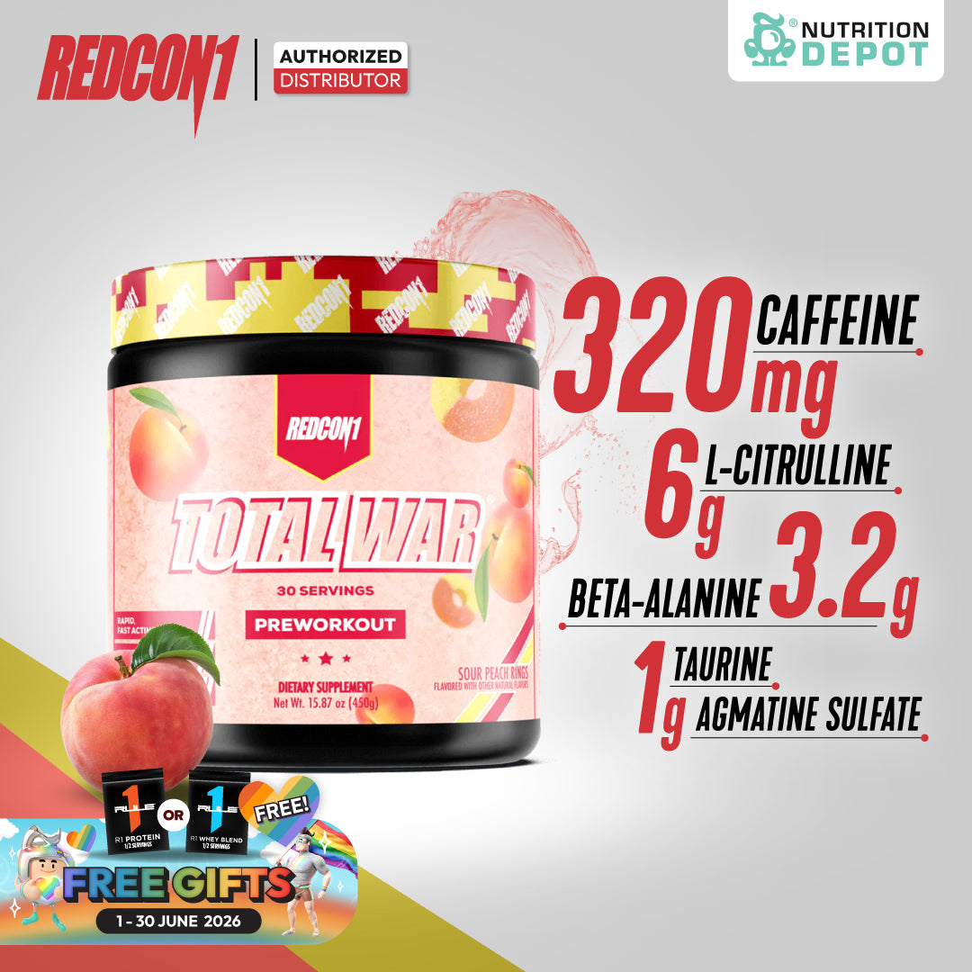 Redcon1 Total War Pre-Workout - Sour Peach Rings 30 Servings กรดอะมิโนเพื่มแรงในการออกกำลังกาย