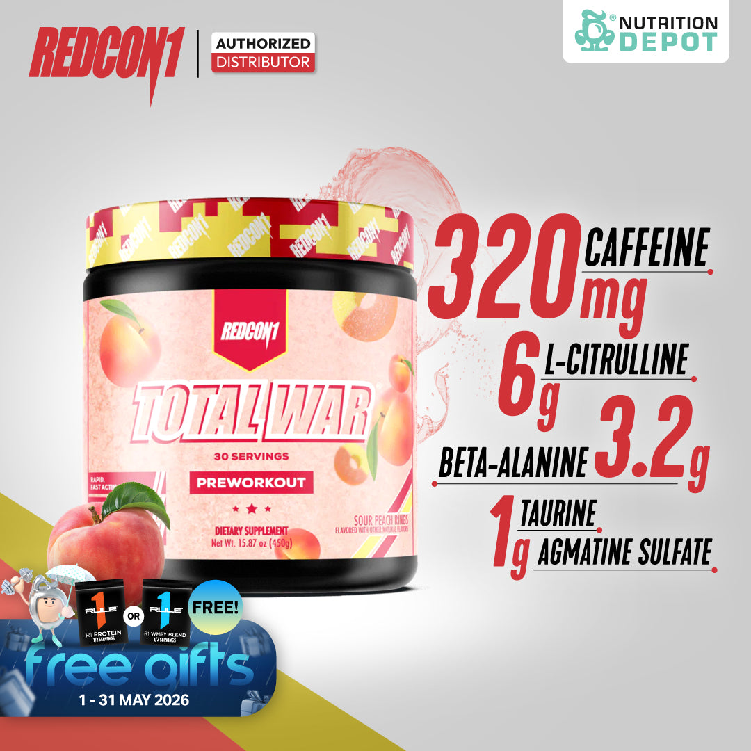 Redcon1 Total War Pre-Workout - Sour Peach Rings 30 Servings กรดอะมิโนเพื่มแรงในการออกกำลังกาย