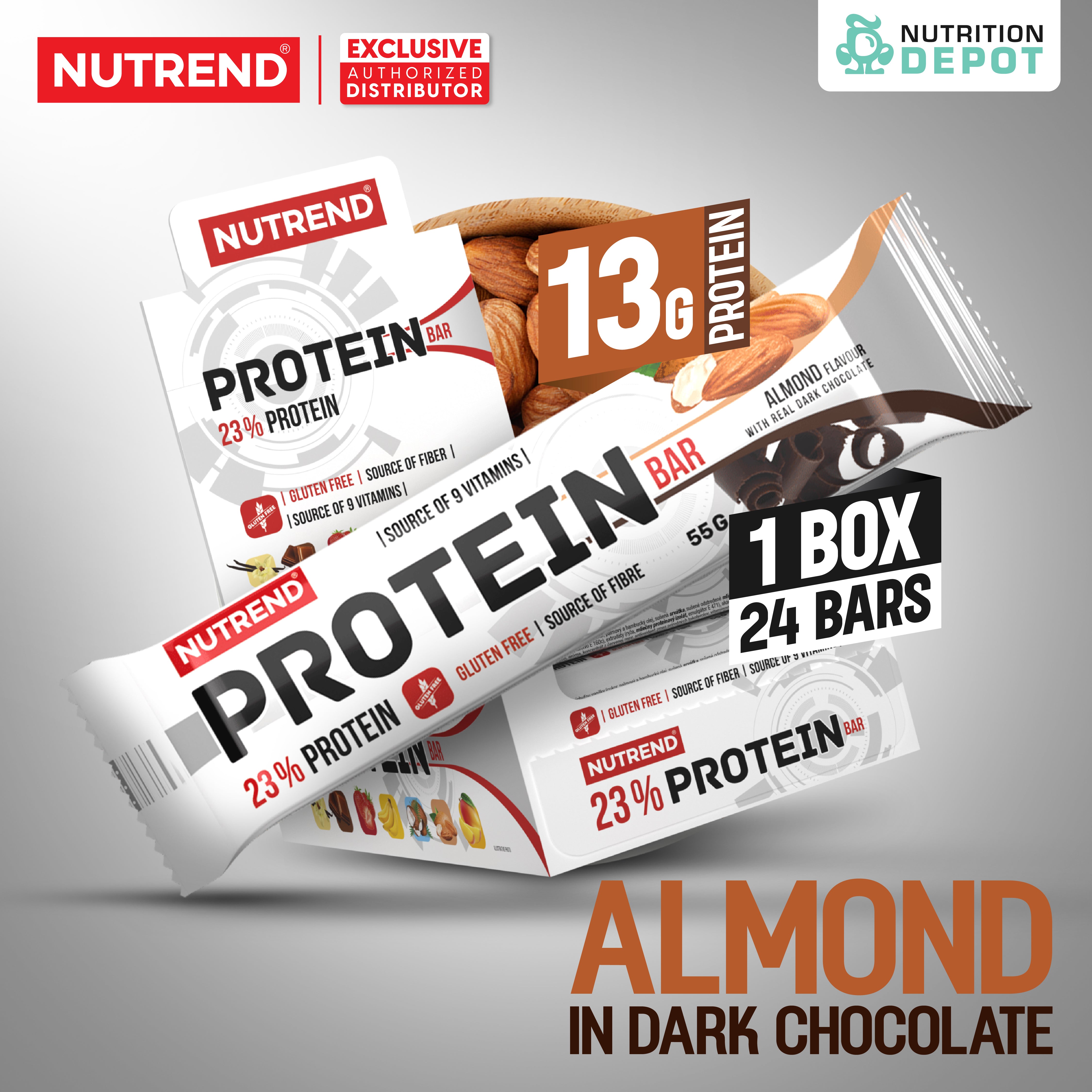 ( BBF 20/NOV/25 ) โปรตีนบาร์ Nutrend Protein Bar - Almond in Dark Chocolate (1 Box / 24 Bars)