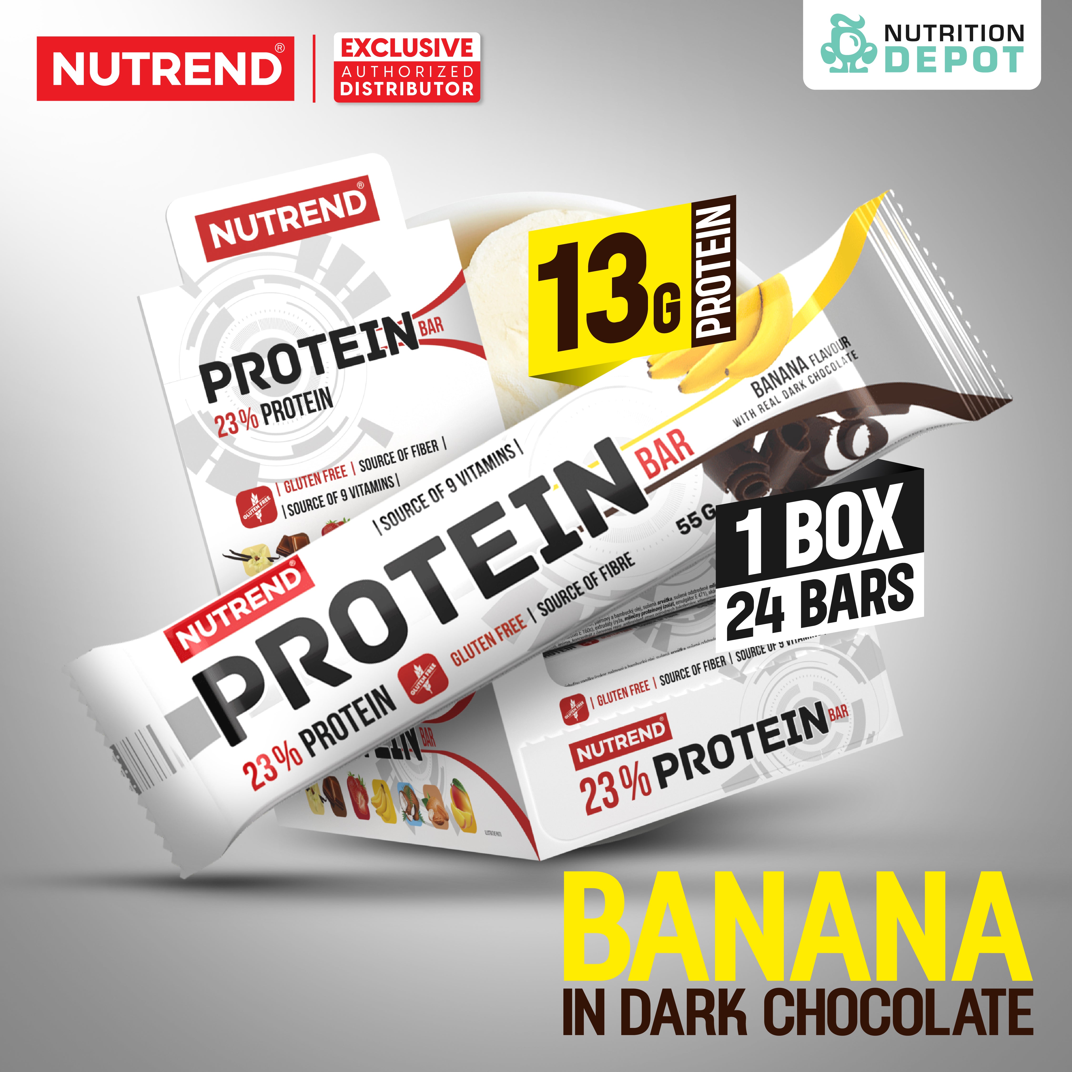 ( BBF 17/JAN/26)โปรตีนบาร์ Nutrend Protein Bar - Banana in Dark Chocolate (1 Box / 24 Bars)