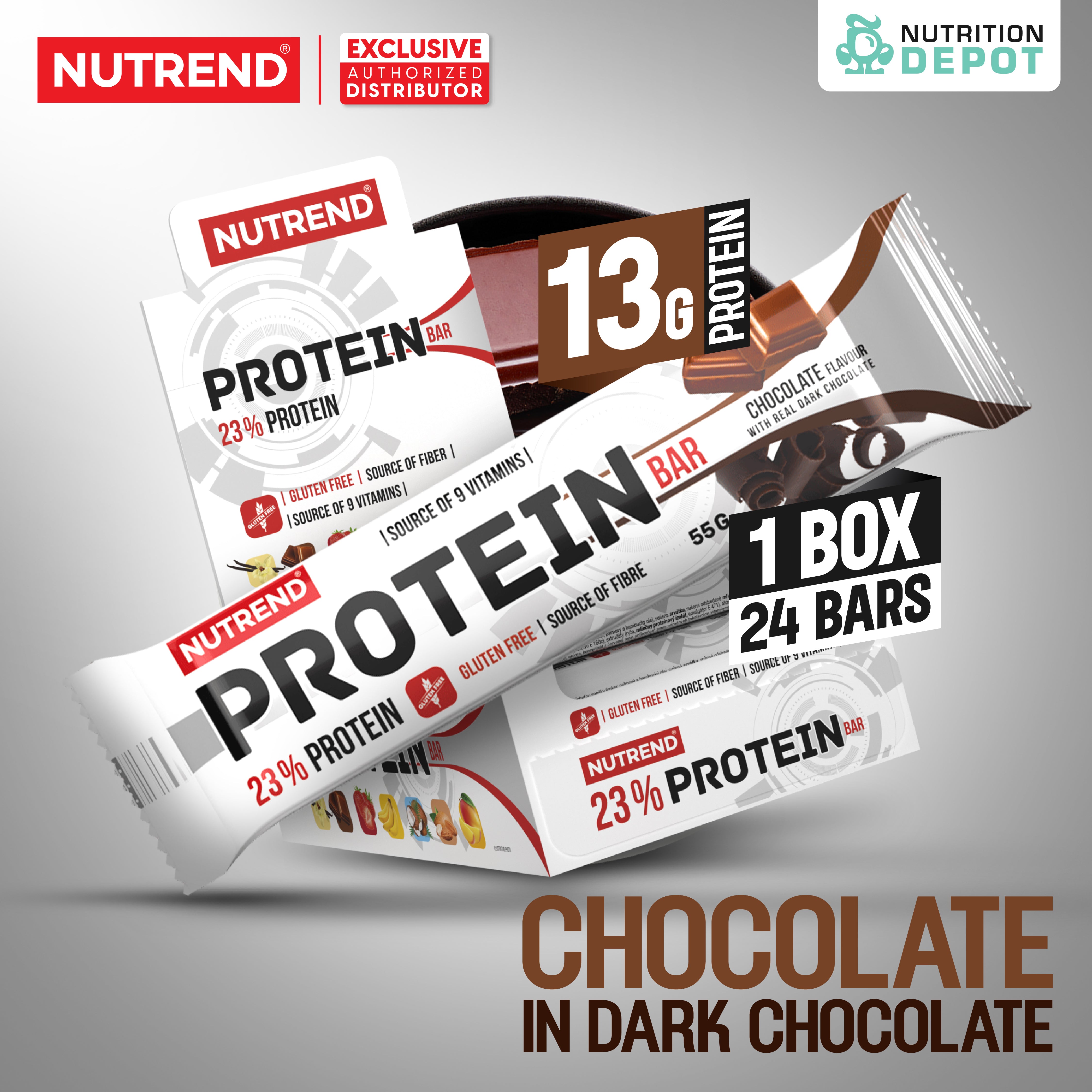( BBF 24/FEB/26)โปรตีนบาร์ Nutrend Protein Bar - Chocolate in Dark Chocolate (1 Box / 24 Bars)
