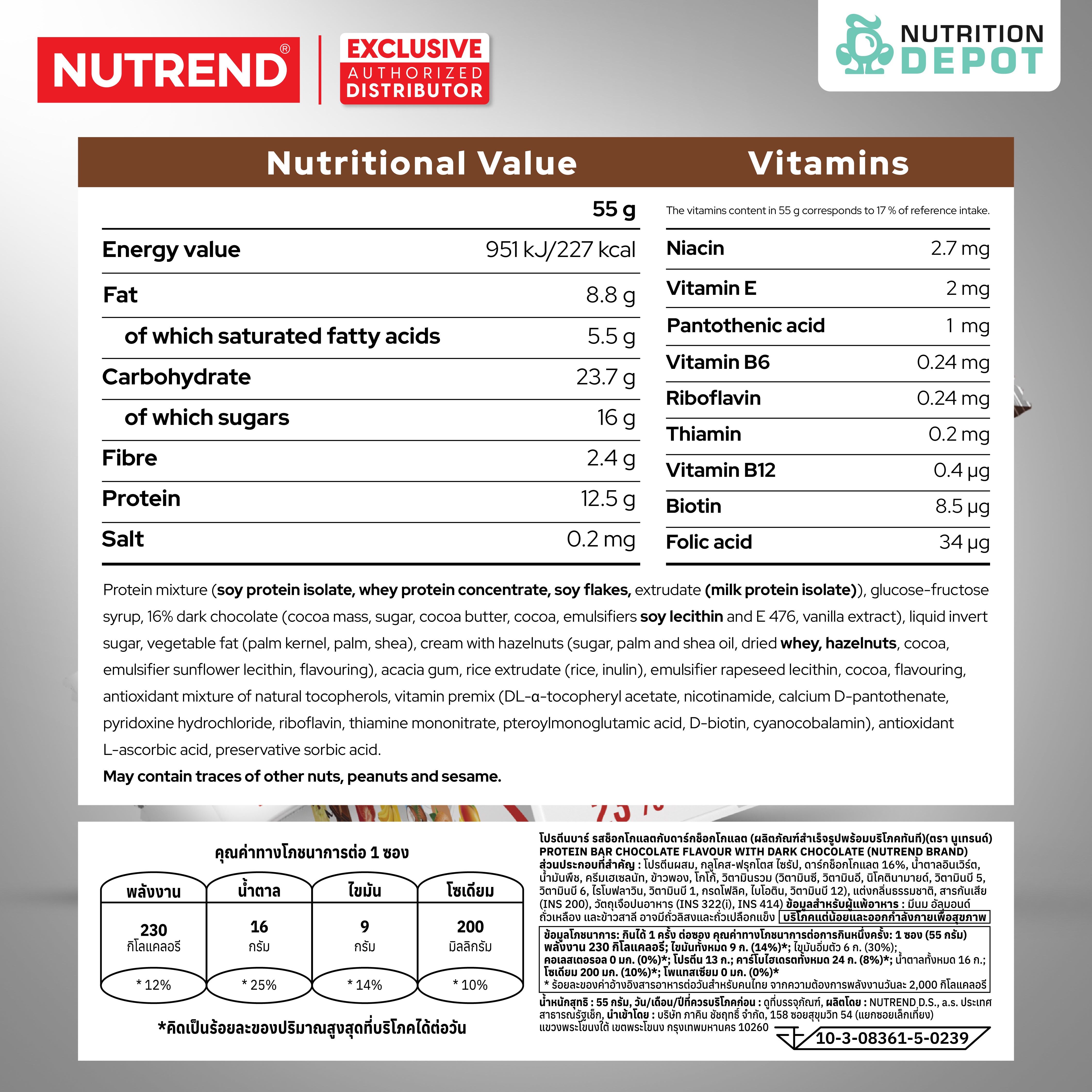 ( BBF 24/FEB/26)โปรตีนบาร์ Nutrend Protein Bar - Chocolate in Dark Chocolate (1 Box / 24 Bars)