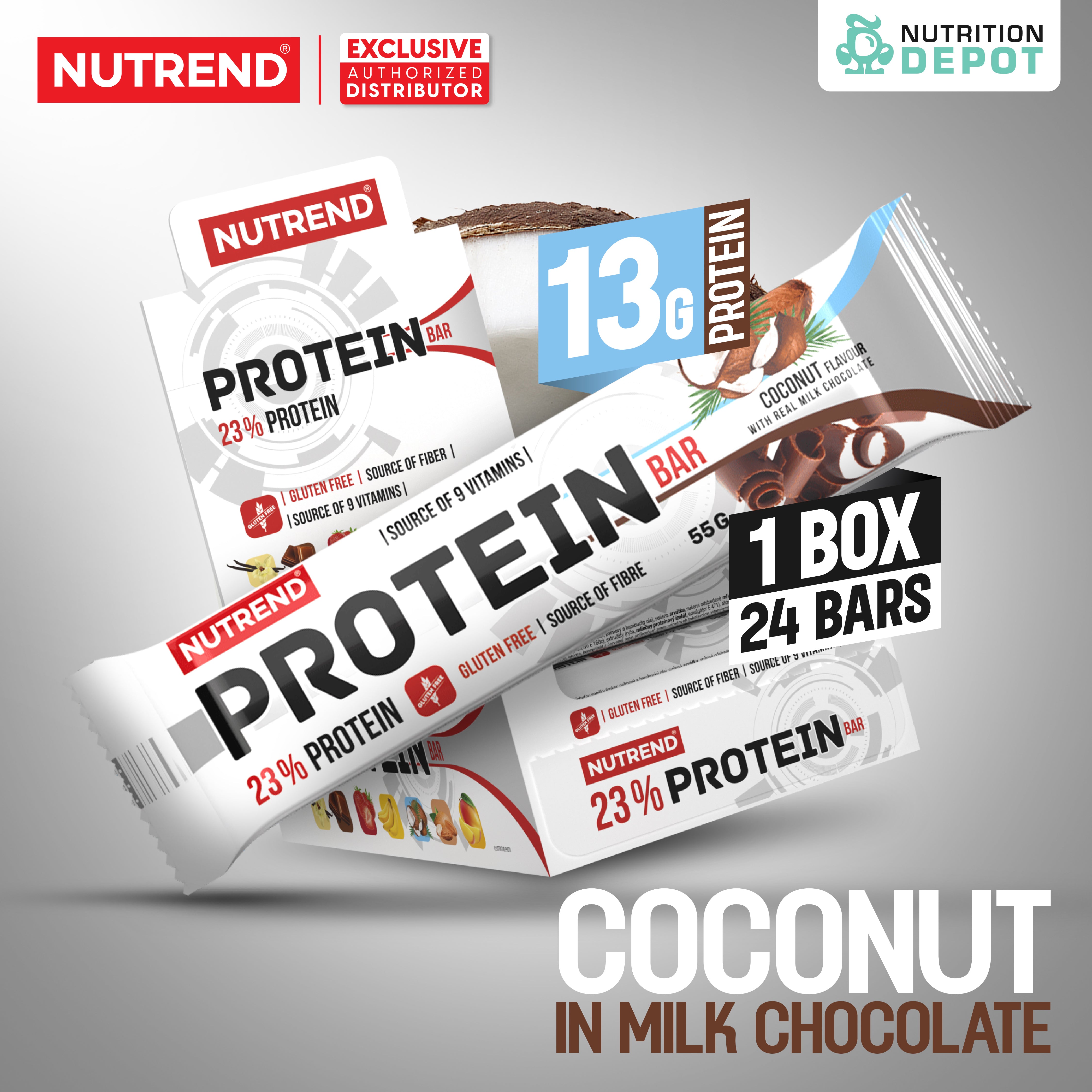 (BBF.14 FEB 26)โปรตีนบาร์ Nutrend Protein Bar - Coconut in Milk Chocolate (1 Box / 24 Bars)