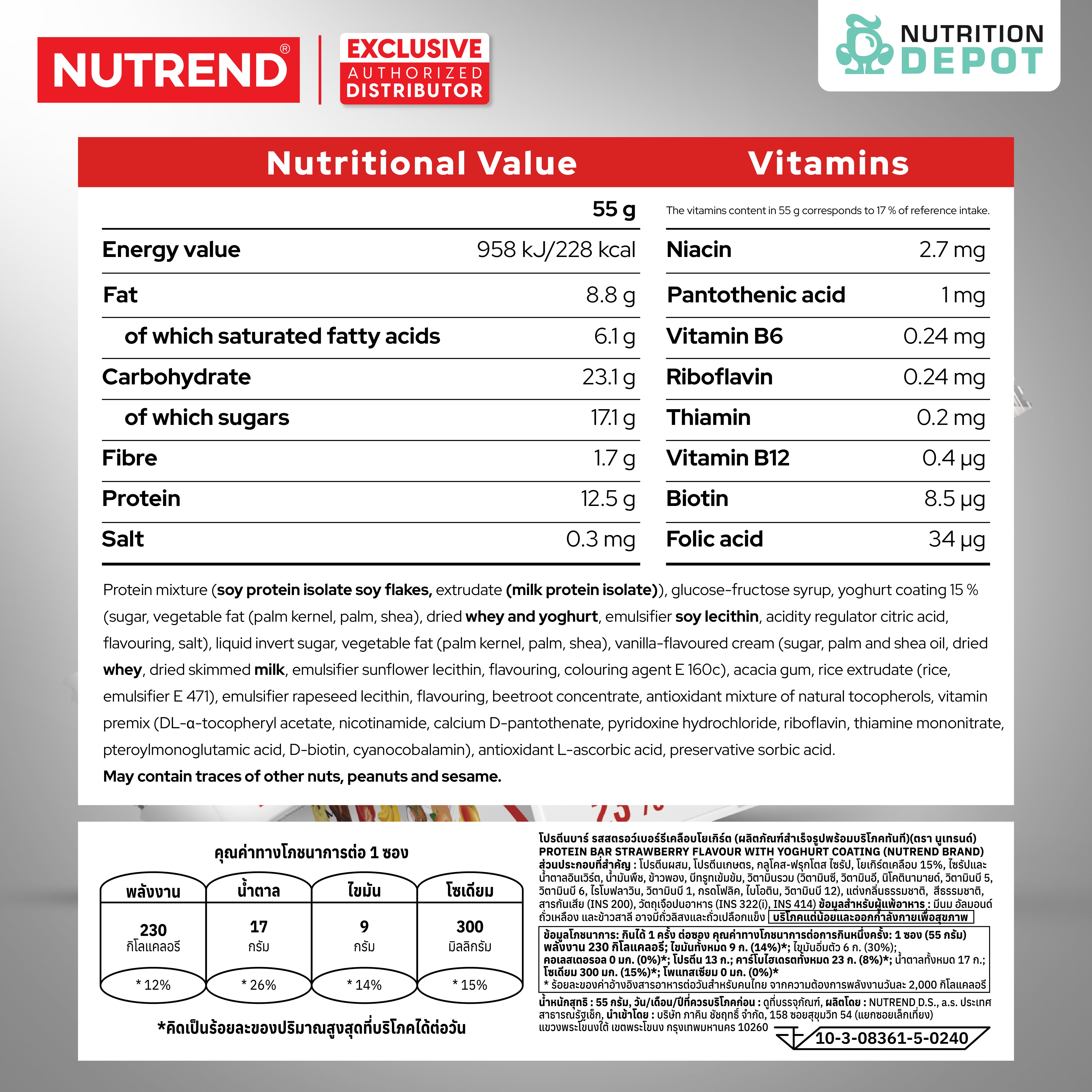 โปรตีนบาร์ Nutrend Protein Bar - Strawberry in Yogurt Topping (1 Box / 24 Bars)